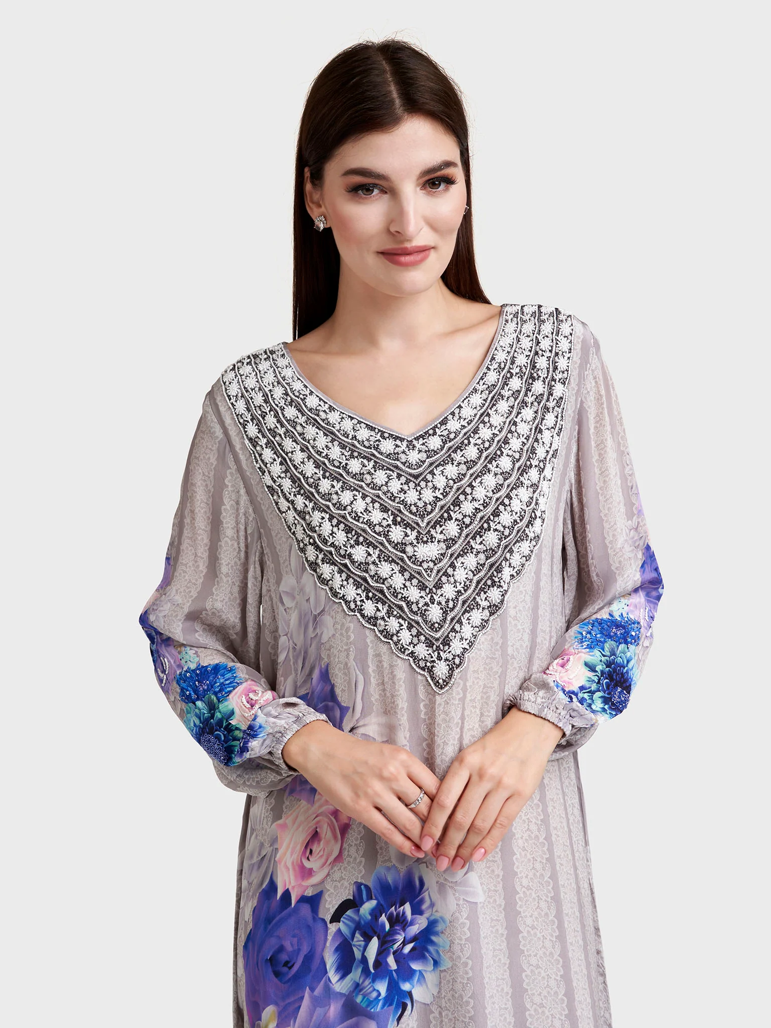 Grey Viscose Crepe Floral Print Jalabiya (VDU849)