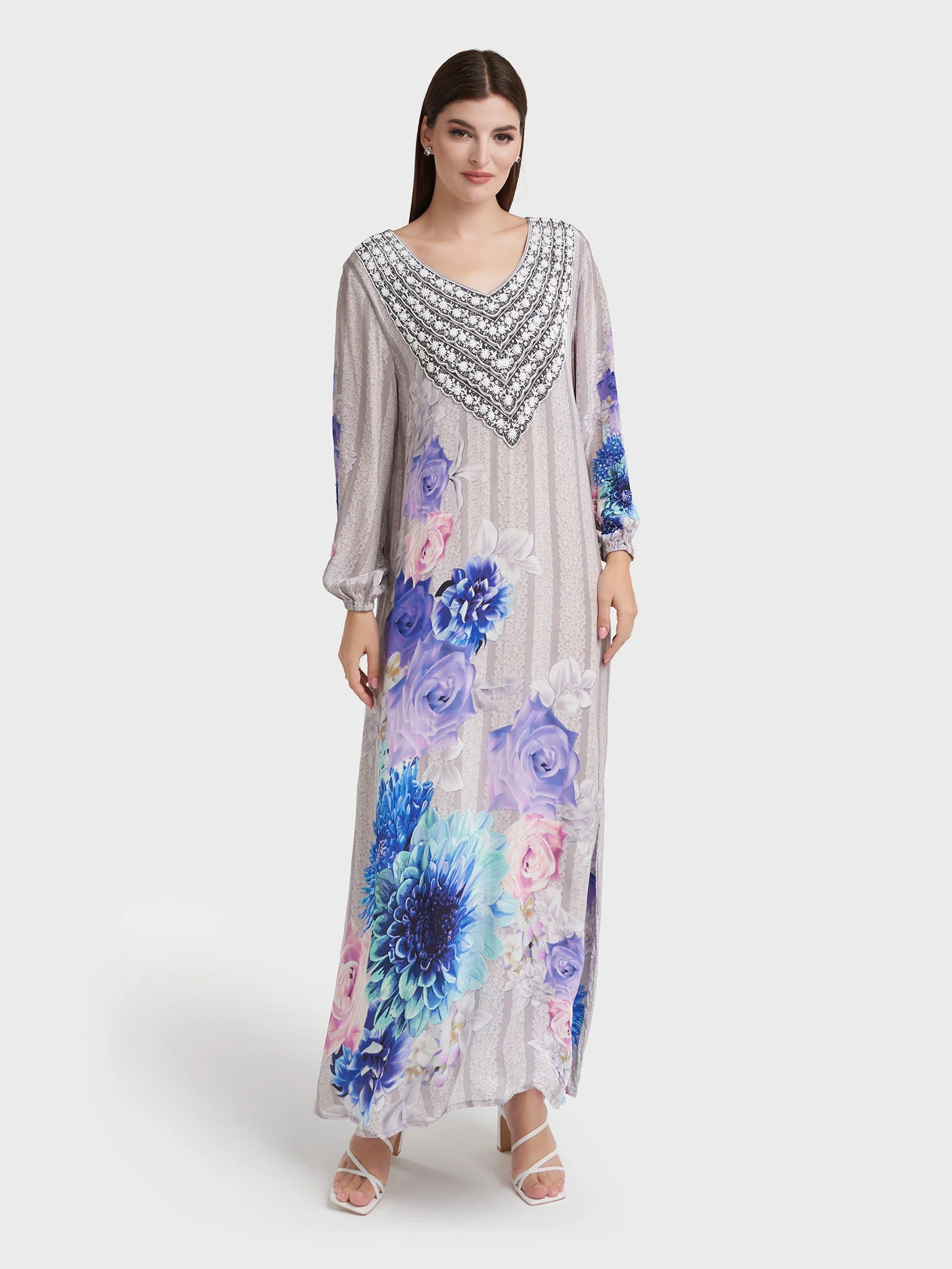 Grey Viscose Crepe Floral Print Jalabiya (VDU849) - Image 2