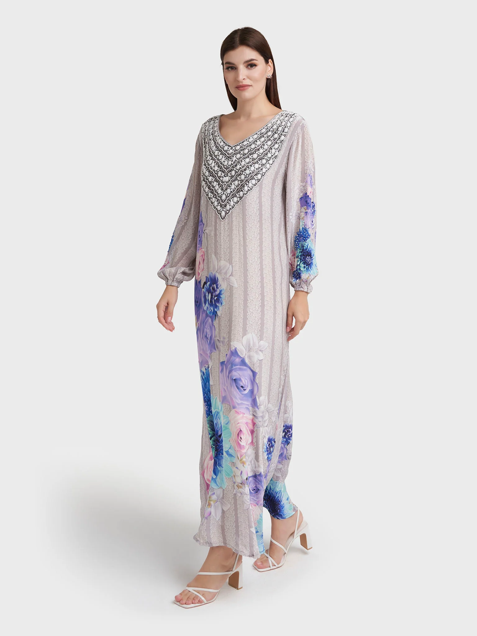 Grey Viscose Crepe Floral Print Jalabiya (VDU849) - Image 3