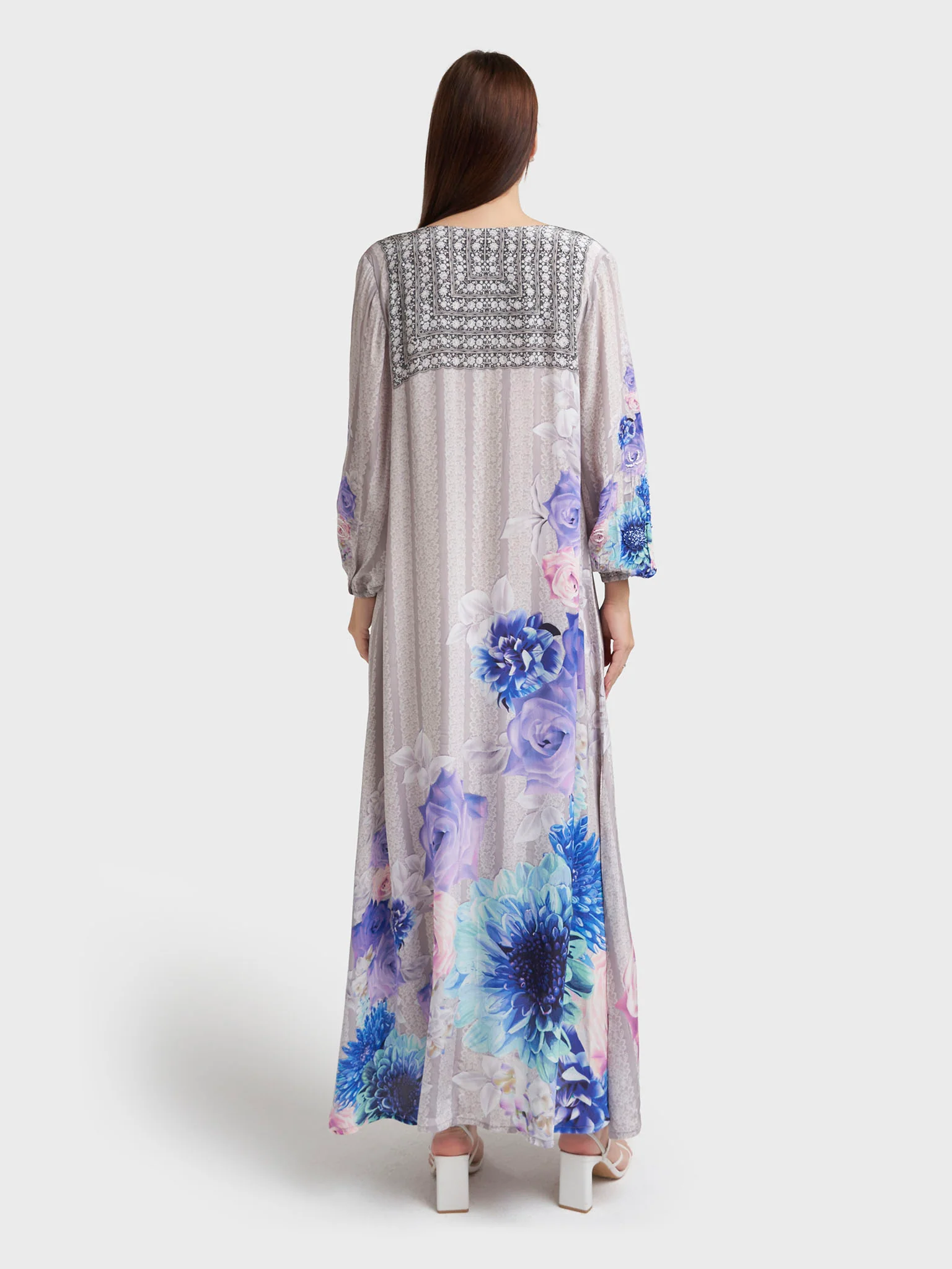 Grey Viscose Crepe Floral Print Jalabiya (VDU849) - Image 4