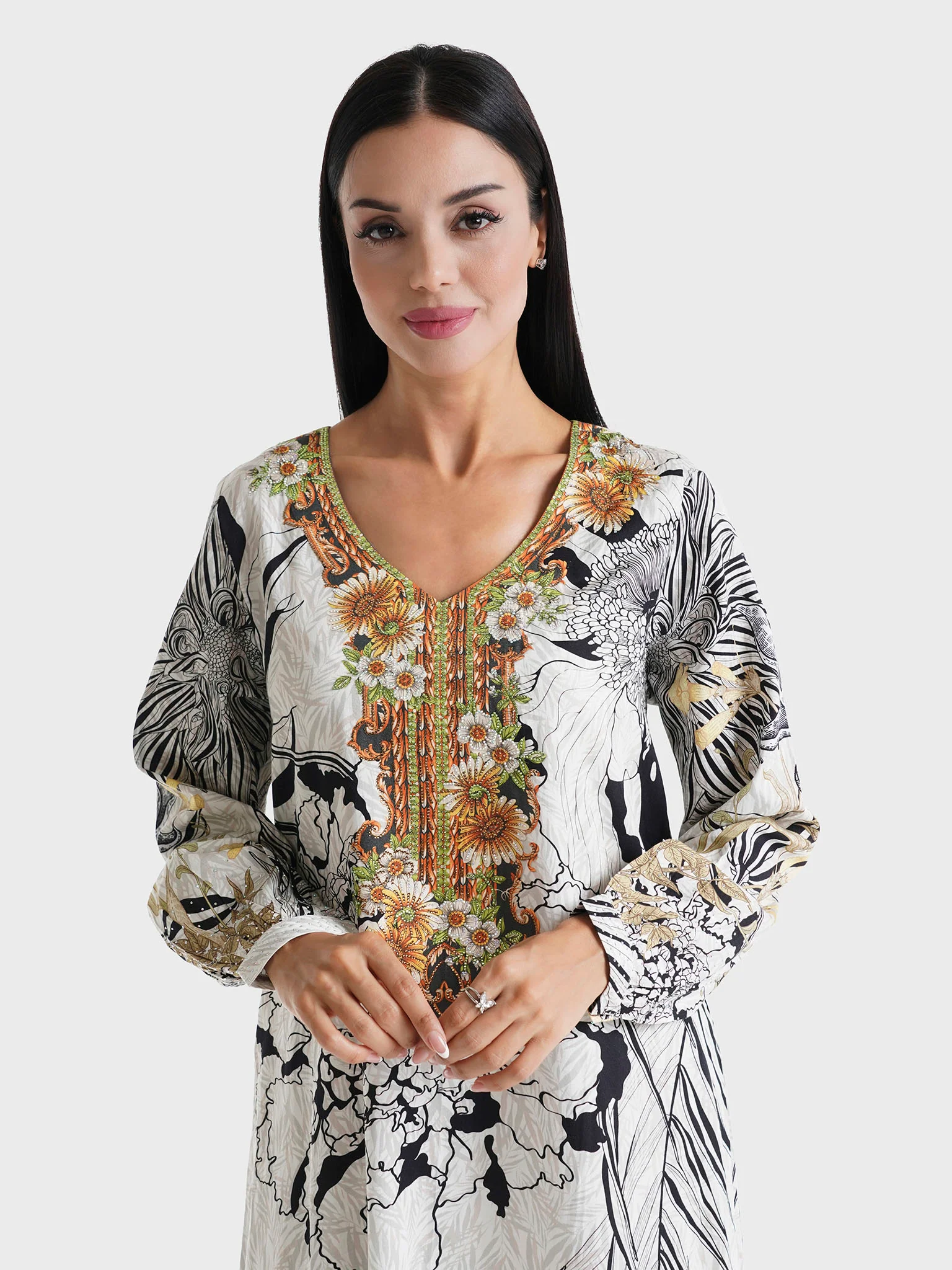 Light Grey Garden Printed Cotton Satin Stone Work Jalabiya (VDU859)
