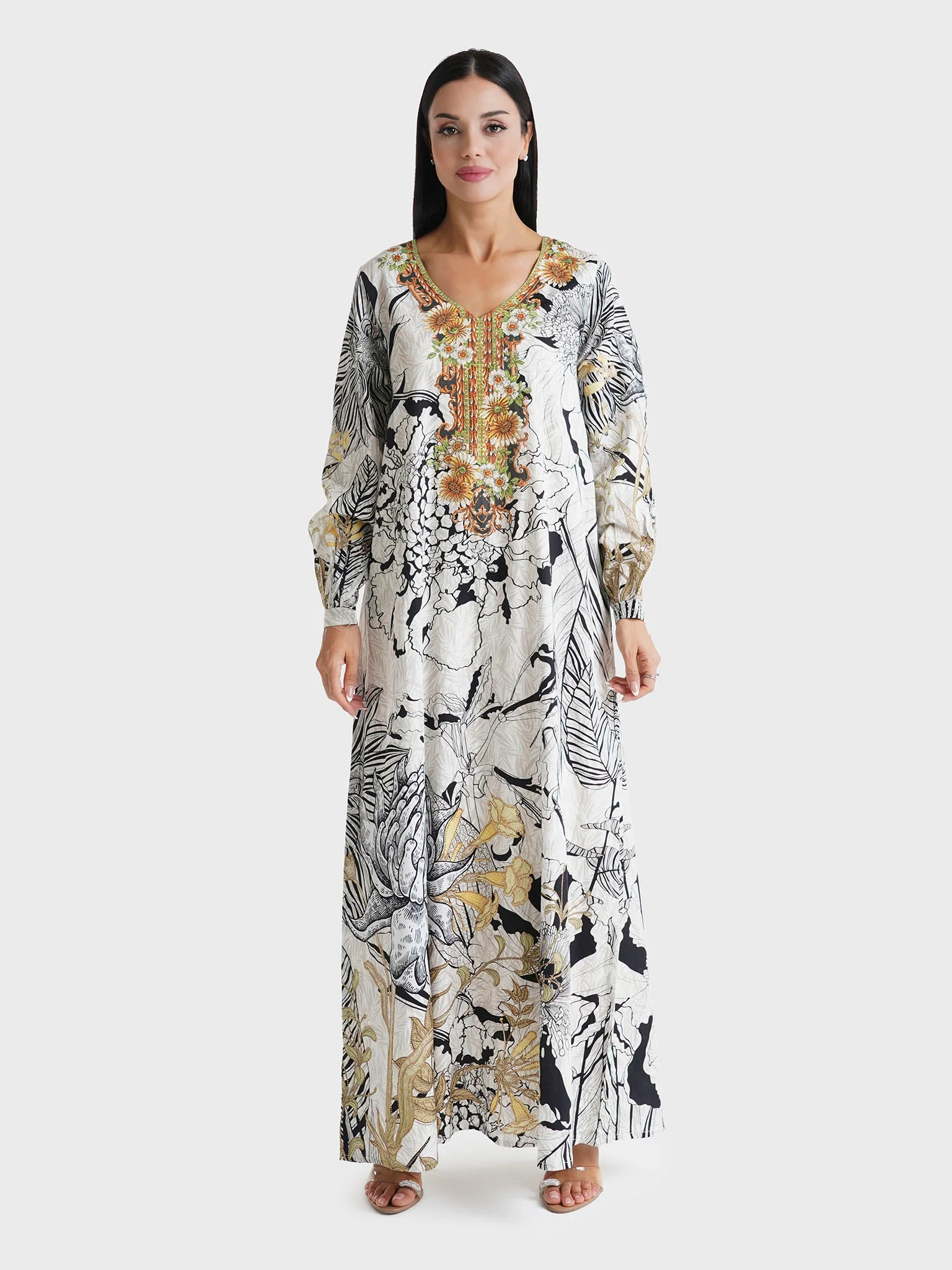 Light Grey Garden Printed Cotton Satin Stone Work Jalabiya (VDU859) - Image 2