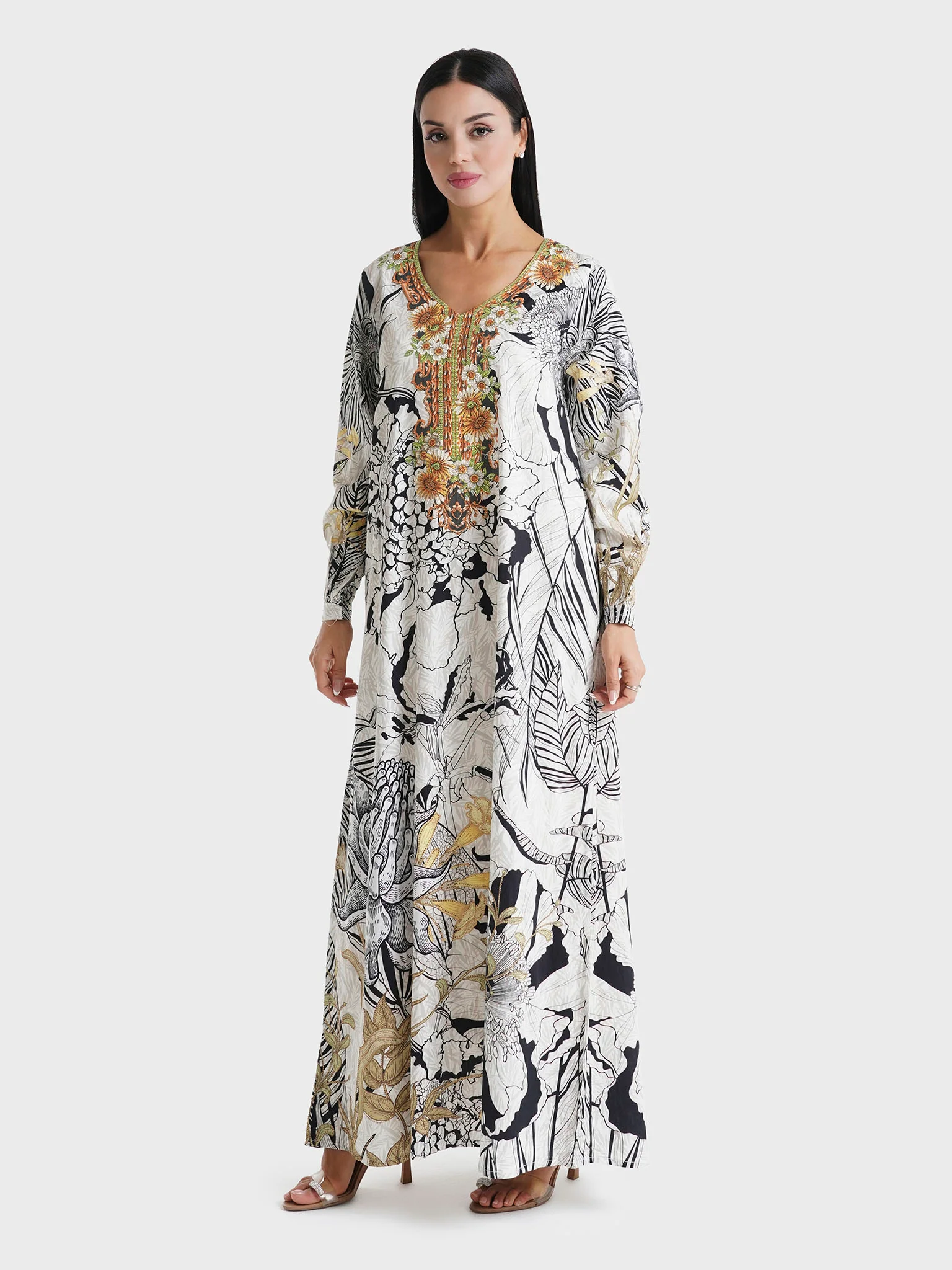 Light Grey Garden Printed Cotton Satin Stone Work Jalabiya (VDU859) - Image 3