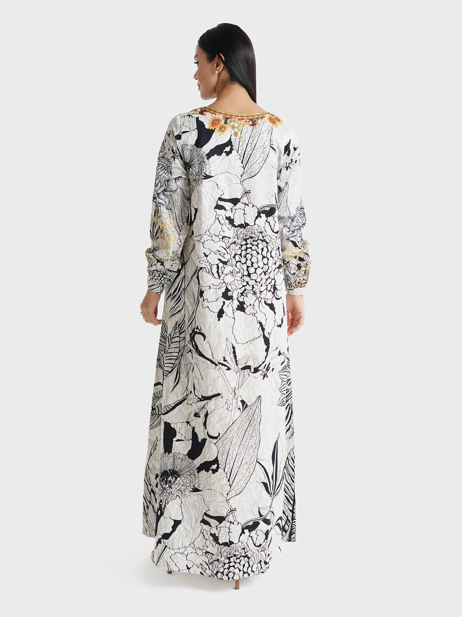 Light Grey Garden Printed Cotton Satin Stone Work Jalabiya (VDU859) - Image 4