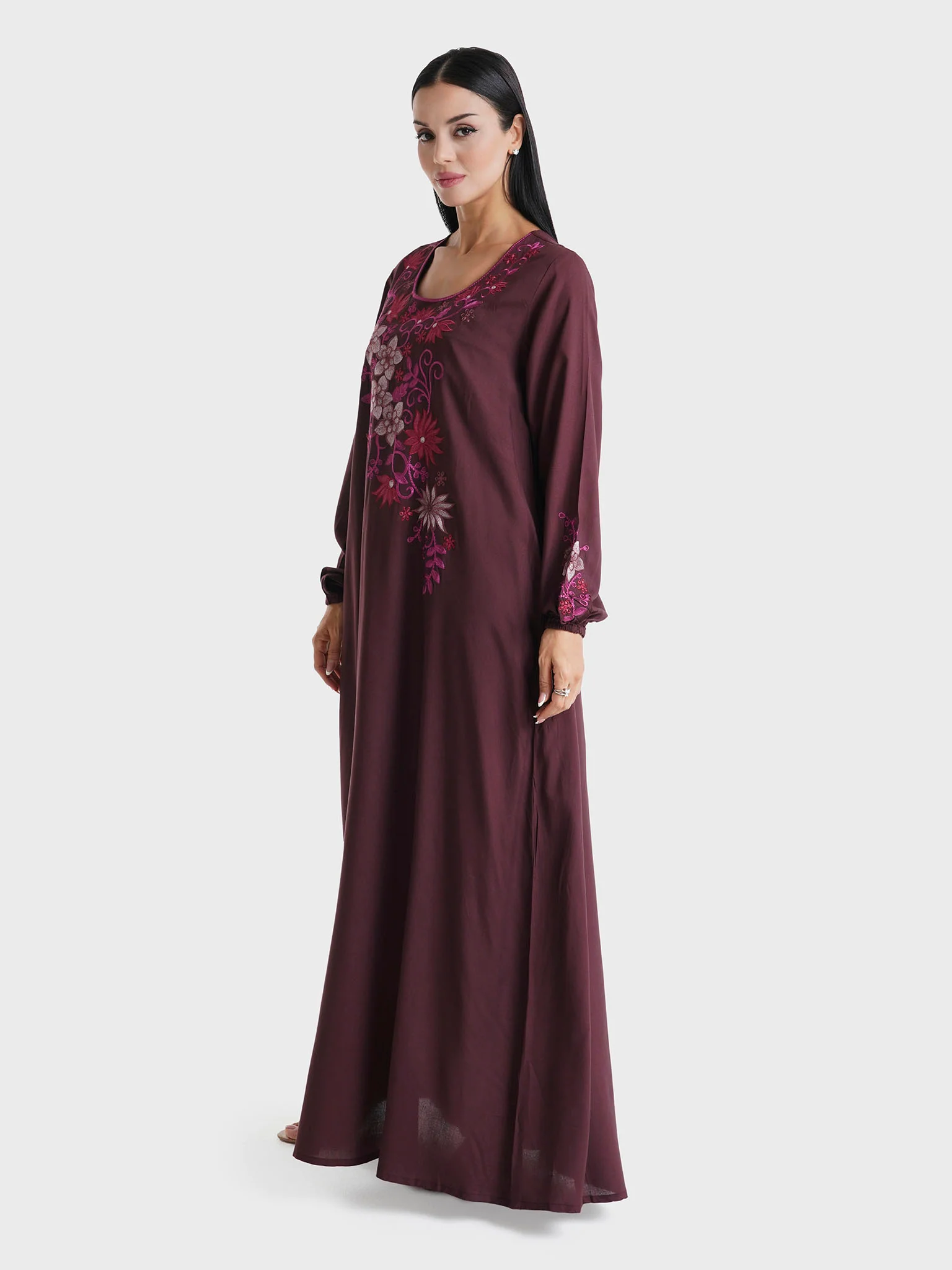 Dark Brown Solid Rayon Machine Embroidered Jalabiya (VG2879) - Image 3
