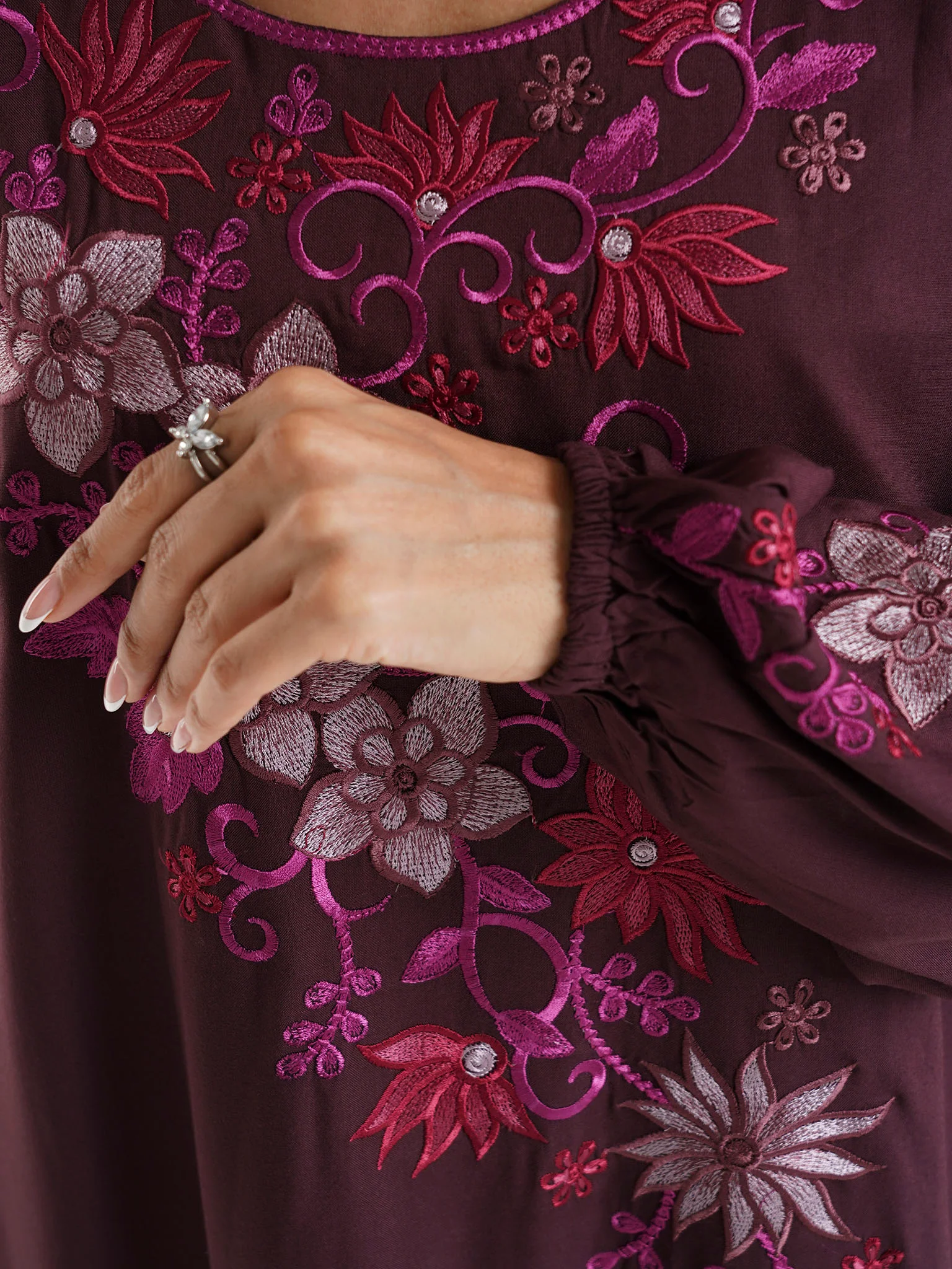 Dark Brown Solid Rayon Machine Embroidered Jalabiya (VG2879) - Image 5