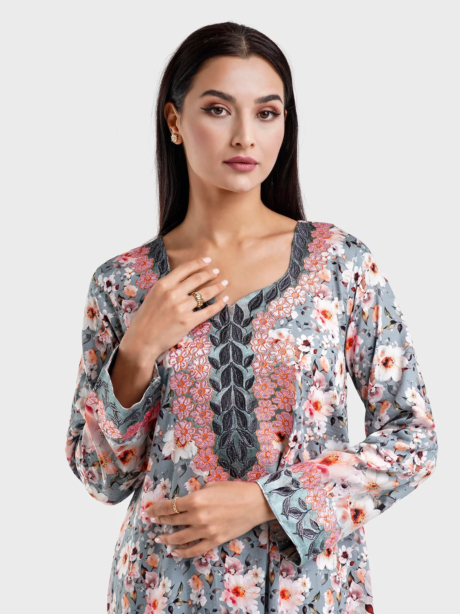 Cotton Satin Floral Print Grey Pink Jalabiya (VG2888)