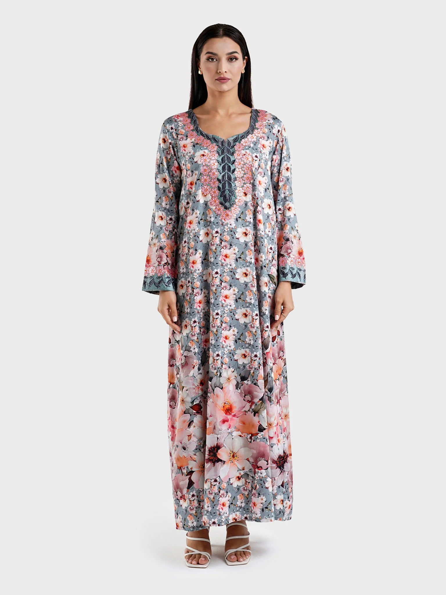 Cotton Satin Floral Print Grey Pink Jalabiya (VG2888) - Image 2