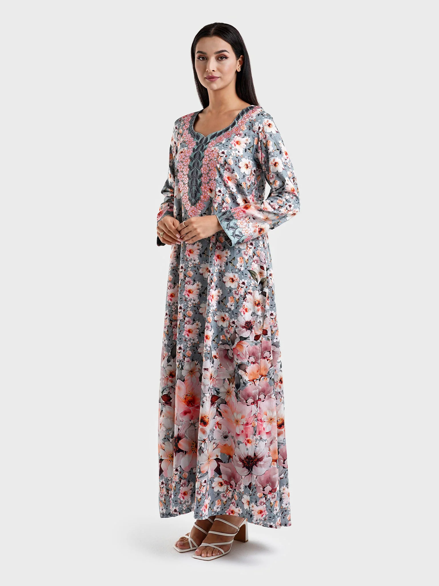 Cotton Satin Floral Print Grey Pink Jalabiya (VG2888) - Image 3