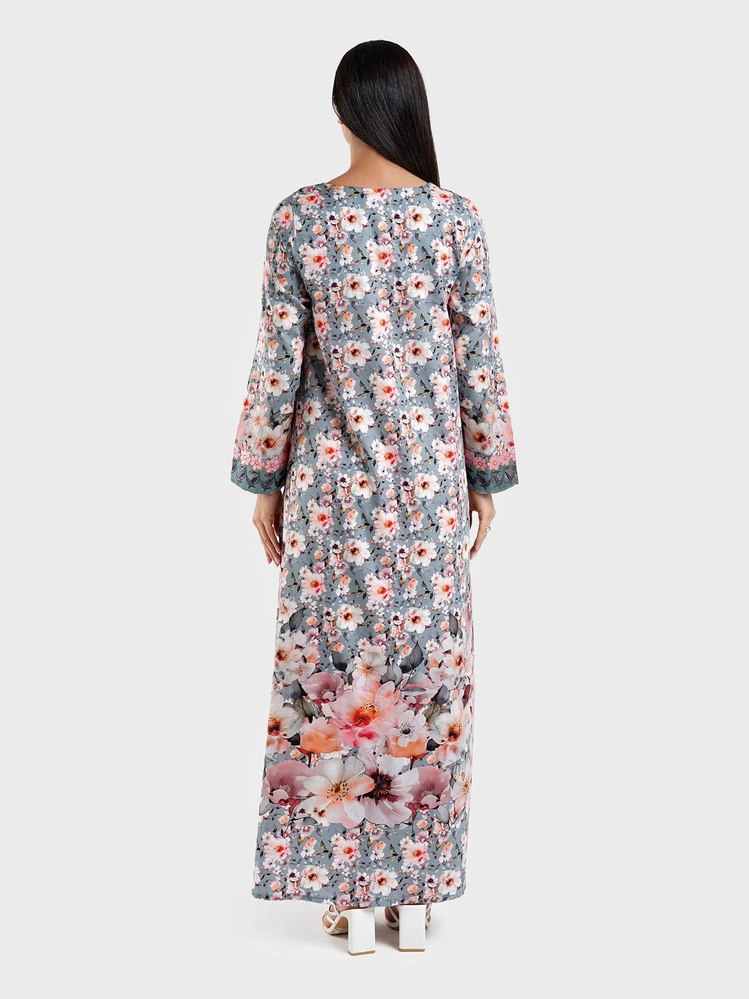Cotton Satin Floral Print Grey Pink Jalabiya (VG2888) - Image 4