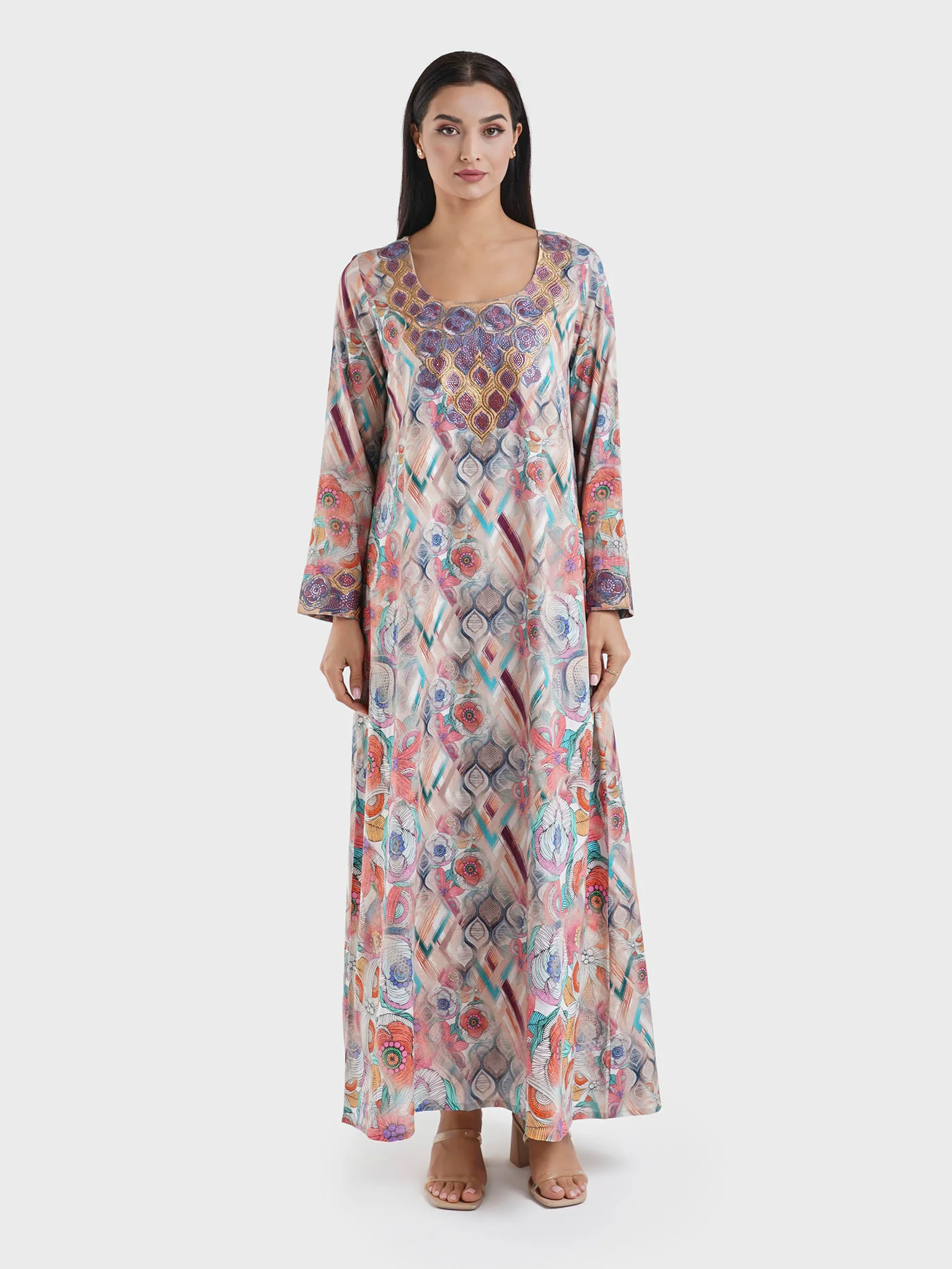 Cotton Satin Multicolor Abstract Print Jalabiya (VG2890) - Image 2