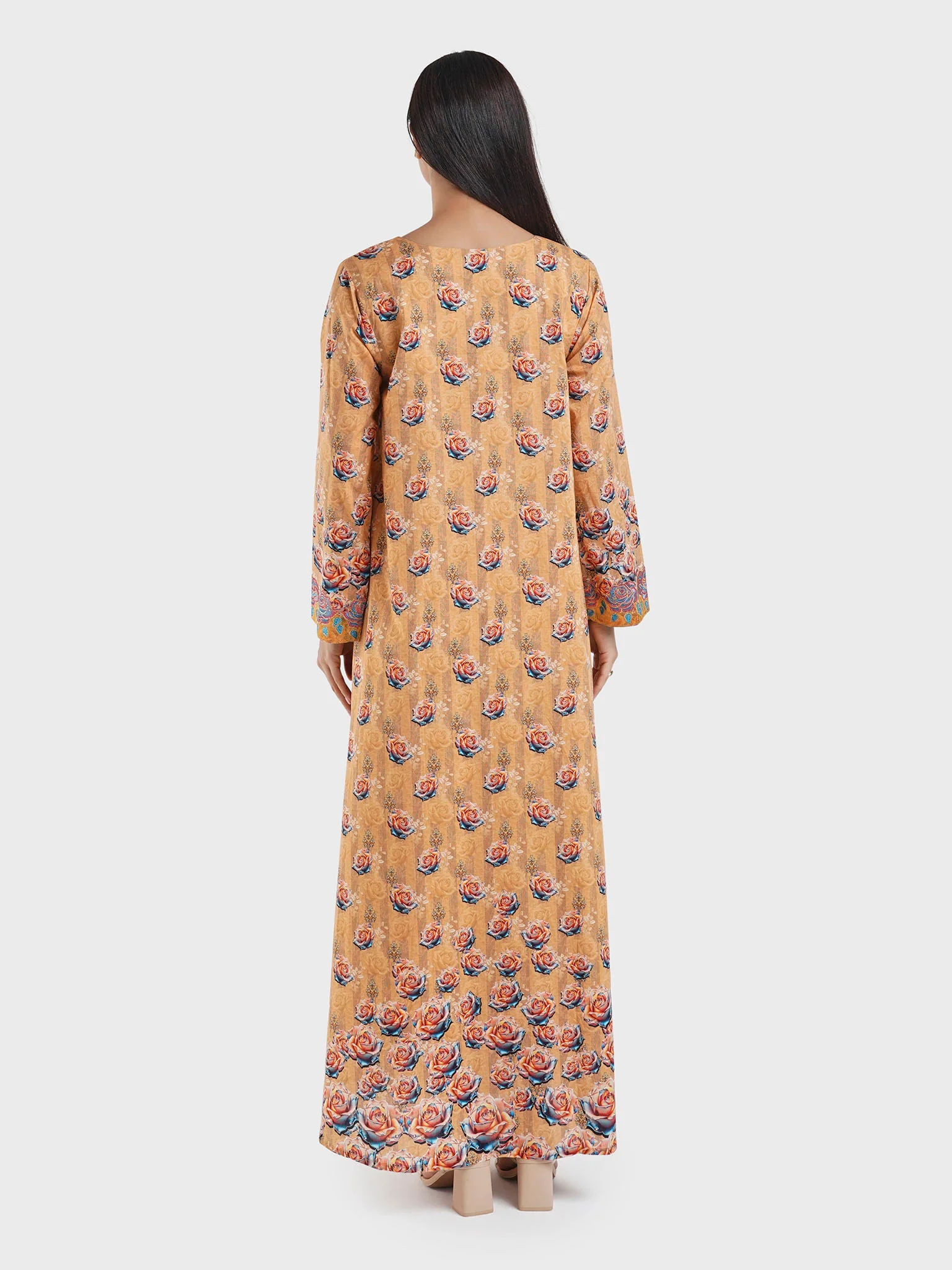 Brown Cotton Floral Print Embroiderd Jalabiya (VG2893) - Image 3