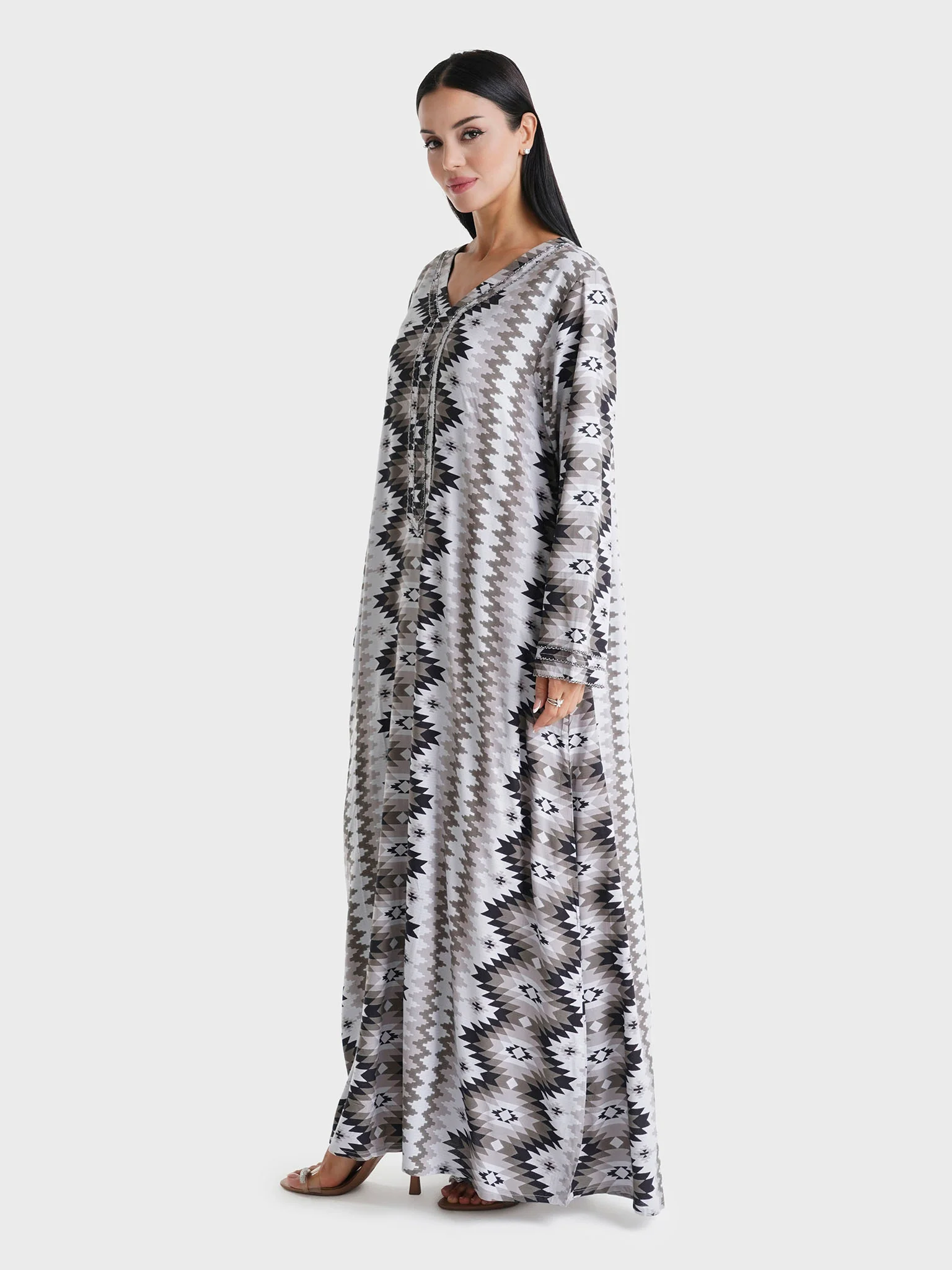 Grey Geometric Printed Rayon Chrochet Lace Work Jalabiya (VG3009) - Image 3