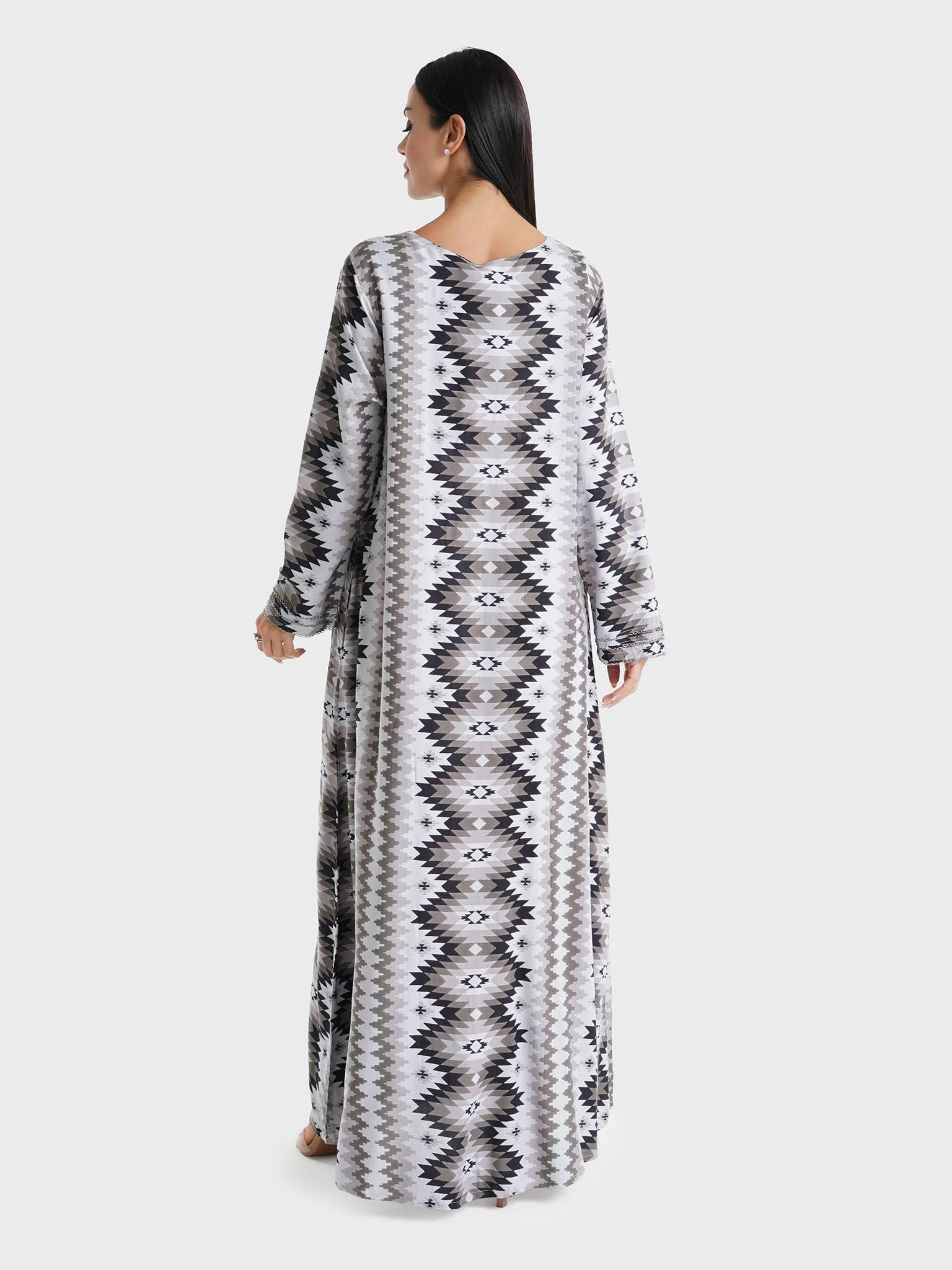 Grey Geometric Printed Rayon Chrochet Lace Work Jalabiya (VG3009) - Image 4