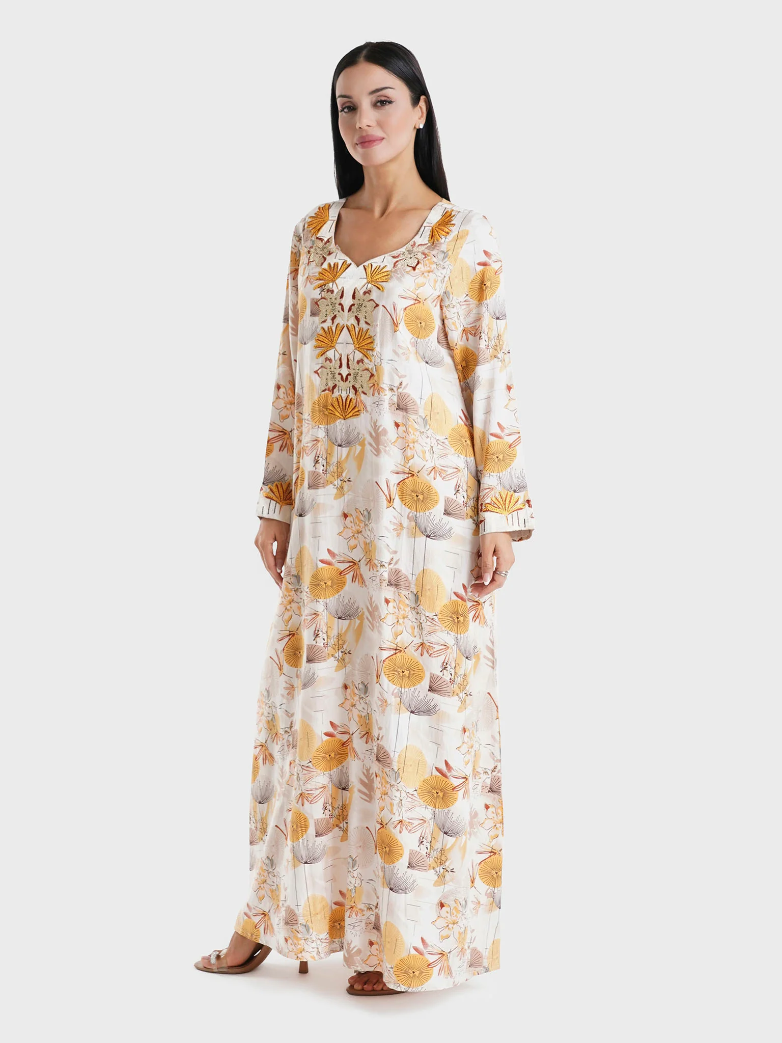 Mustard Floral Printed Cotton Satin Stone Work Jalabiya (VG3020) - Image 3