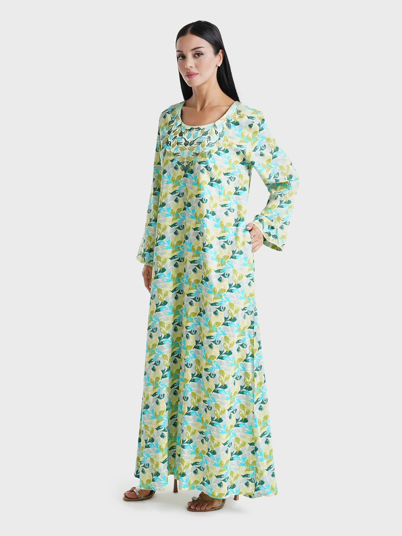 Olive Green Botanical Printed Cotton Satin Home Wear Jalabiya (VG3041) - Image 3