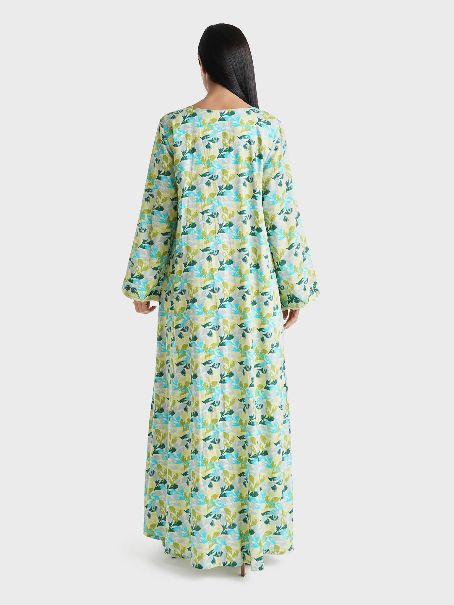 Olive Green Botanical Printed Cotton Satin Home Wear Jalabiya (VG3041) - Image 4