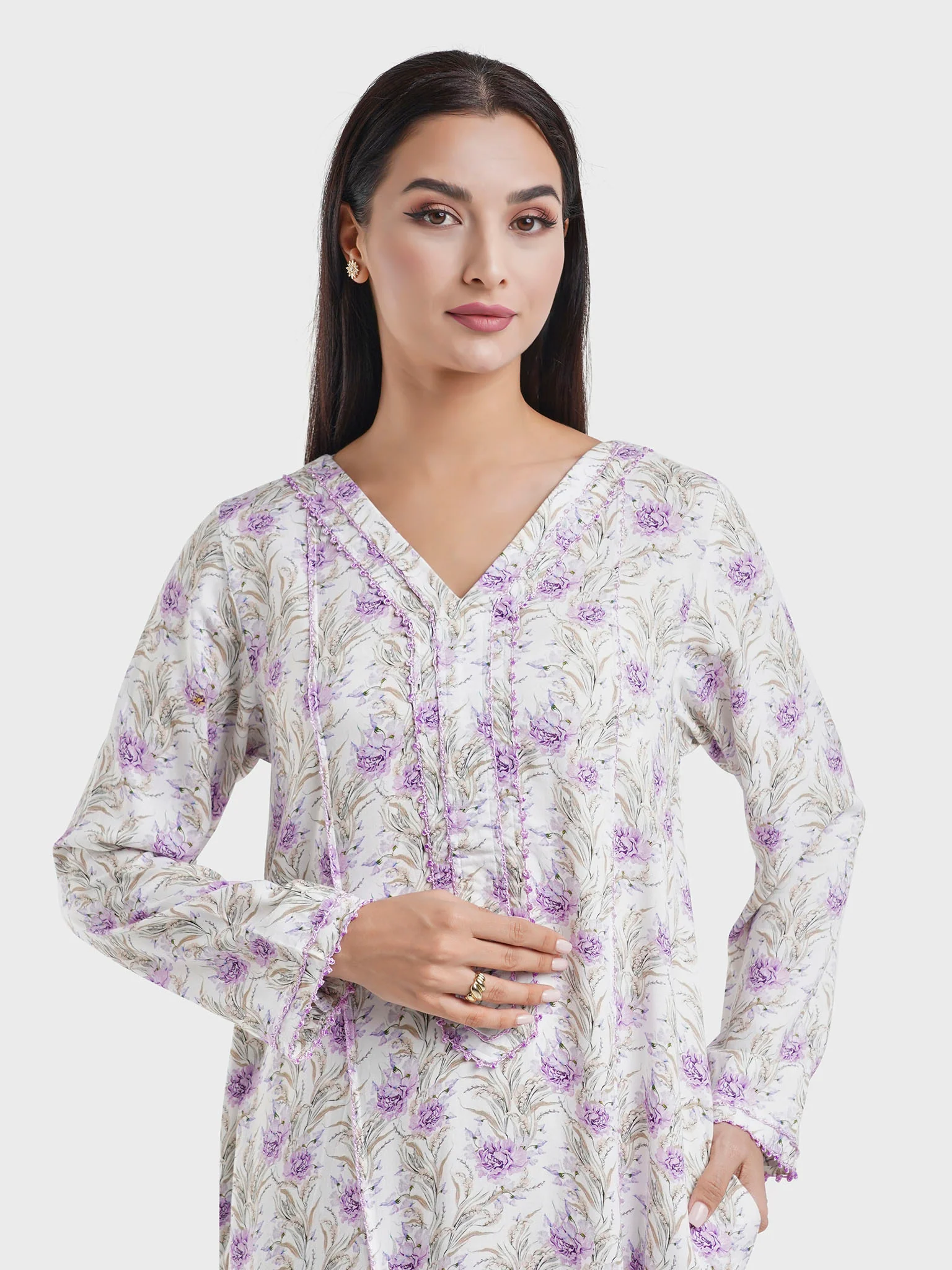 Lavender Floral Print Viscose Crochet Lace Jalabiya (VG3045)