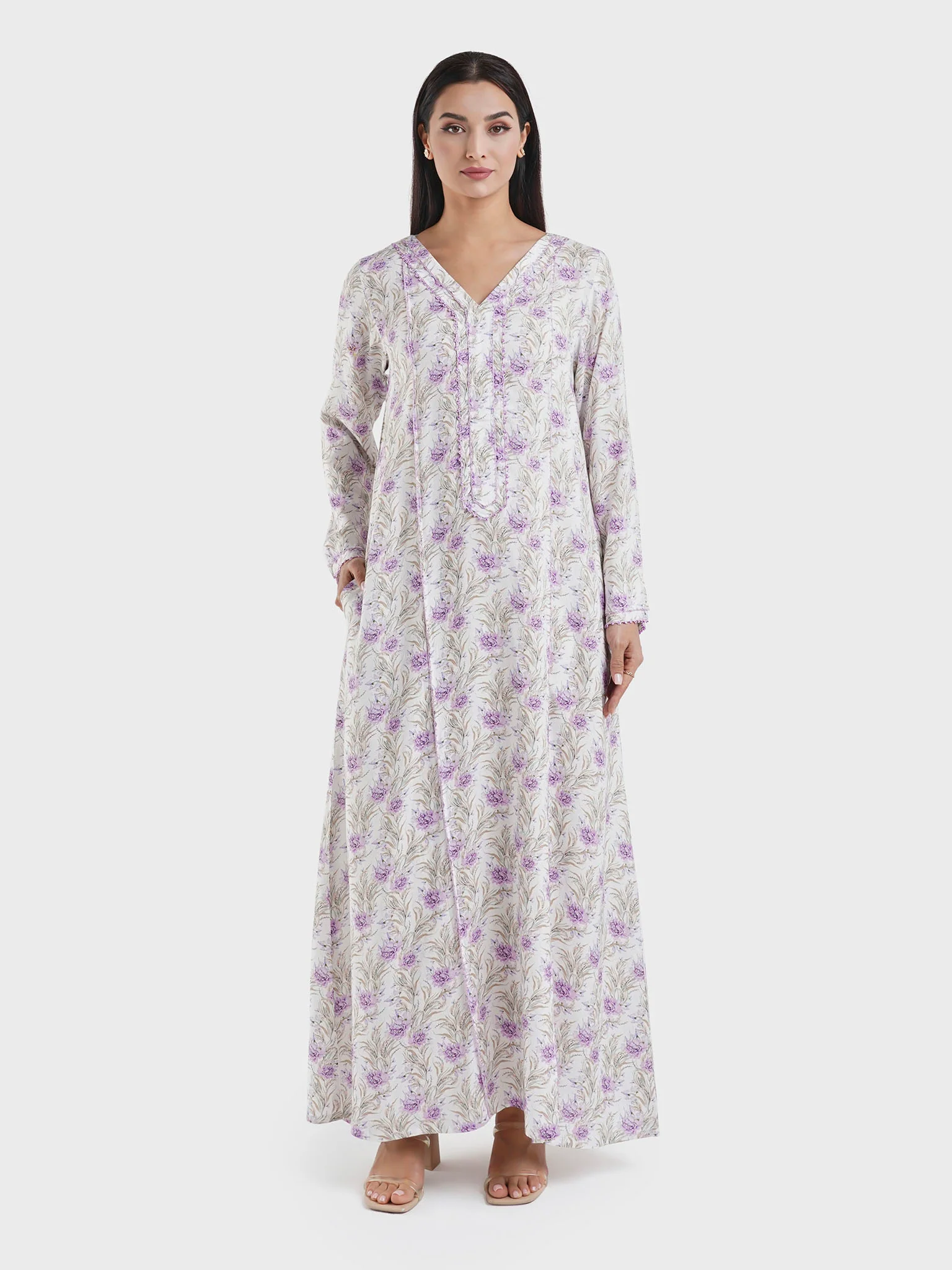 Lavender Floral Print Viscose Crochet Lace Jalabiya (VG3045) - Image 2