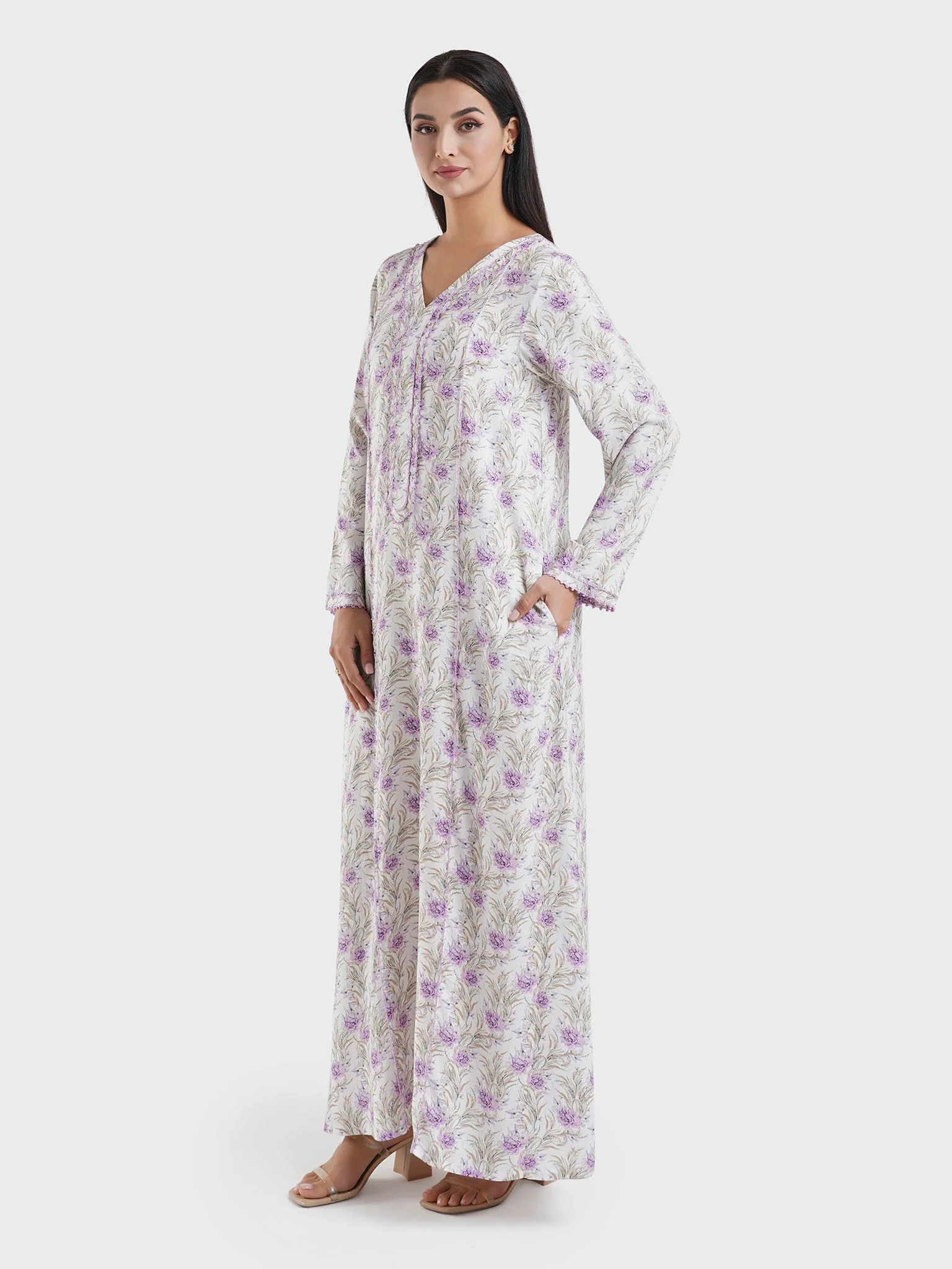 Lavender Floral Print Viscose Crochet Lace Jalabiya (VG3045) - Image 3