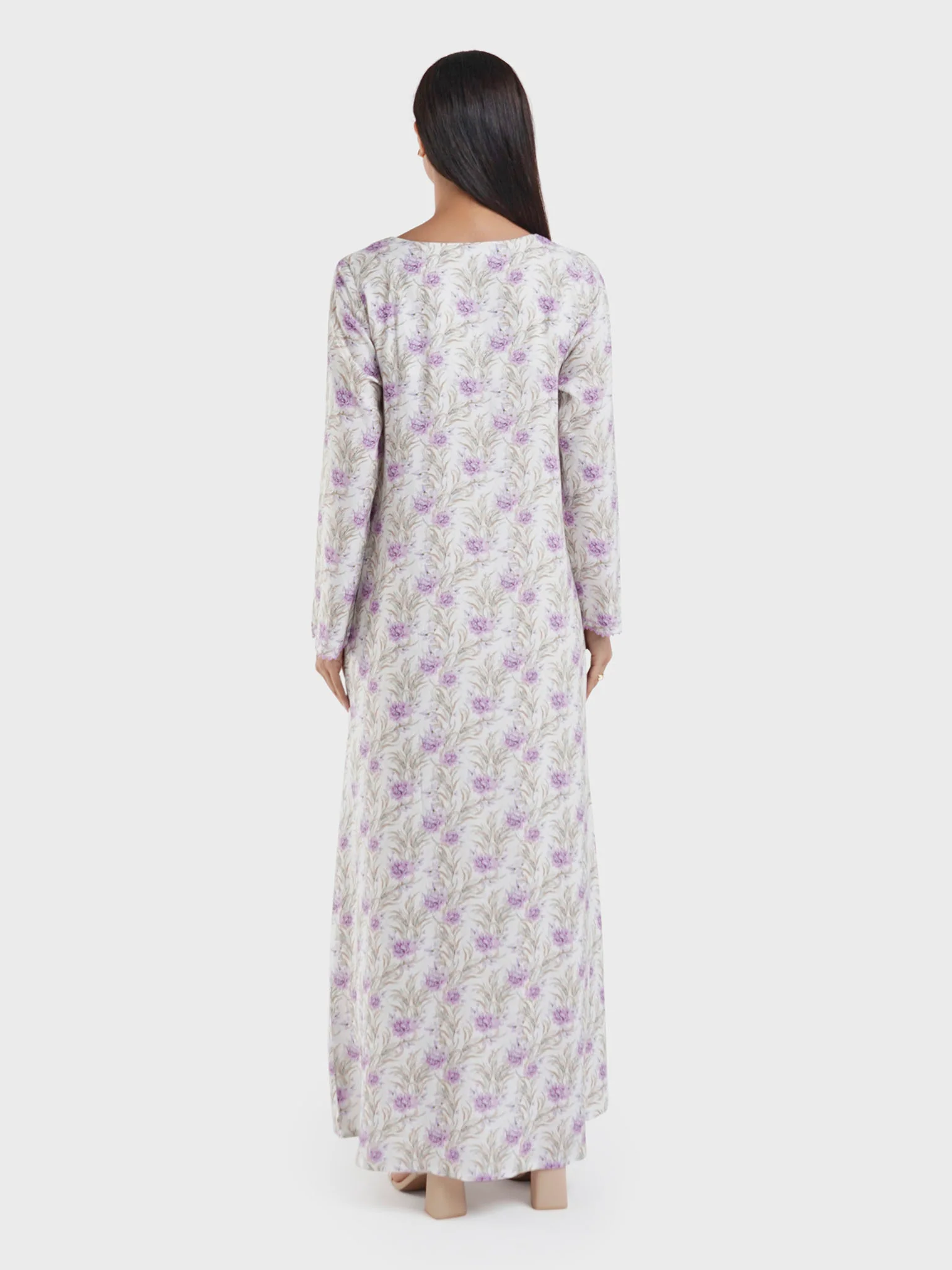 Lavender Floral Print Viscose Crochet Lace Jalabiya (VG3045) - Image 4