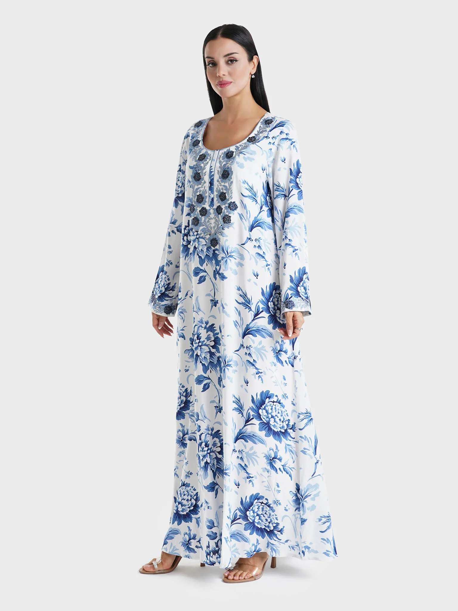 Blue Floral Printed Rayon Stone Work Jalabiya (VSG211) - Image 3