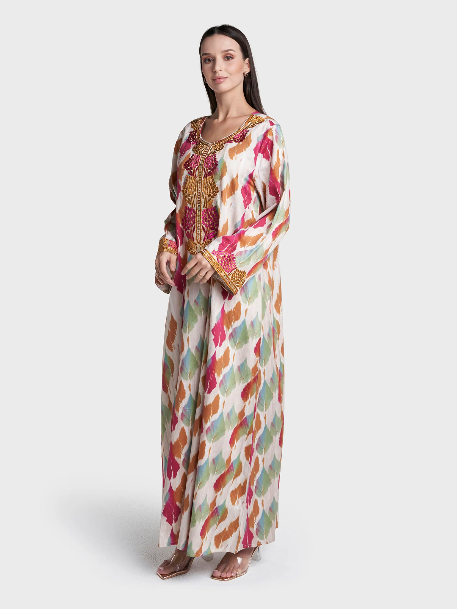 Beige Colour Abstract Print Cotton Satin Stone Work Jalabiya (VSG260) - Image 3