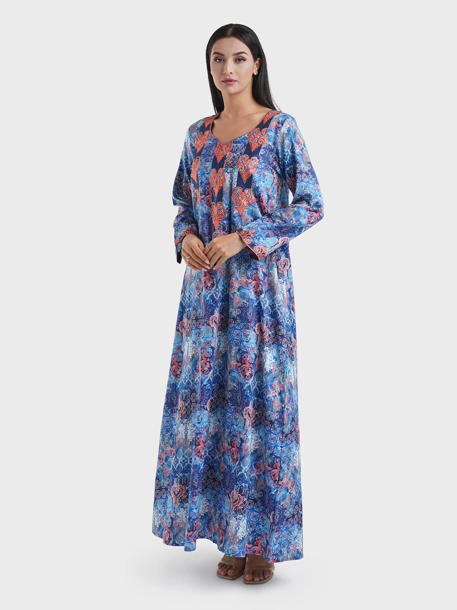 Cotton Satin Navy Blue Floral Print Jalabiya (VW228) - Image 3