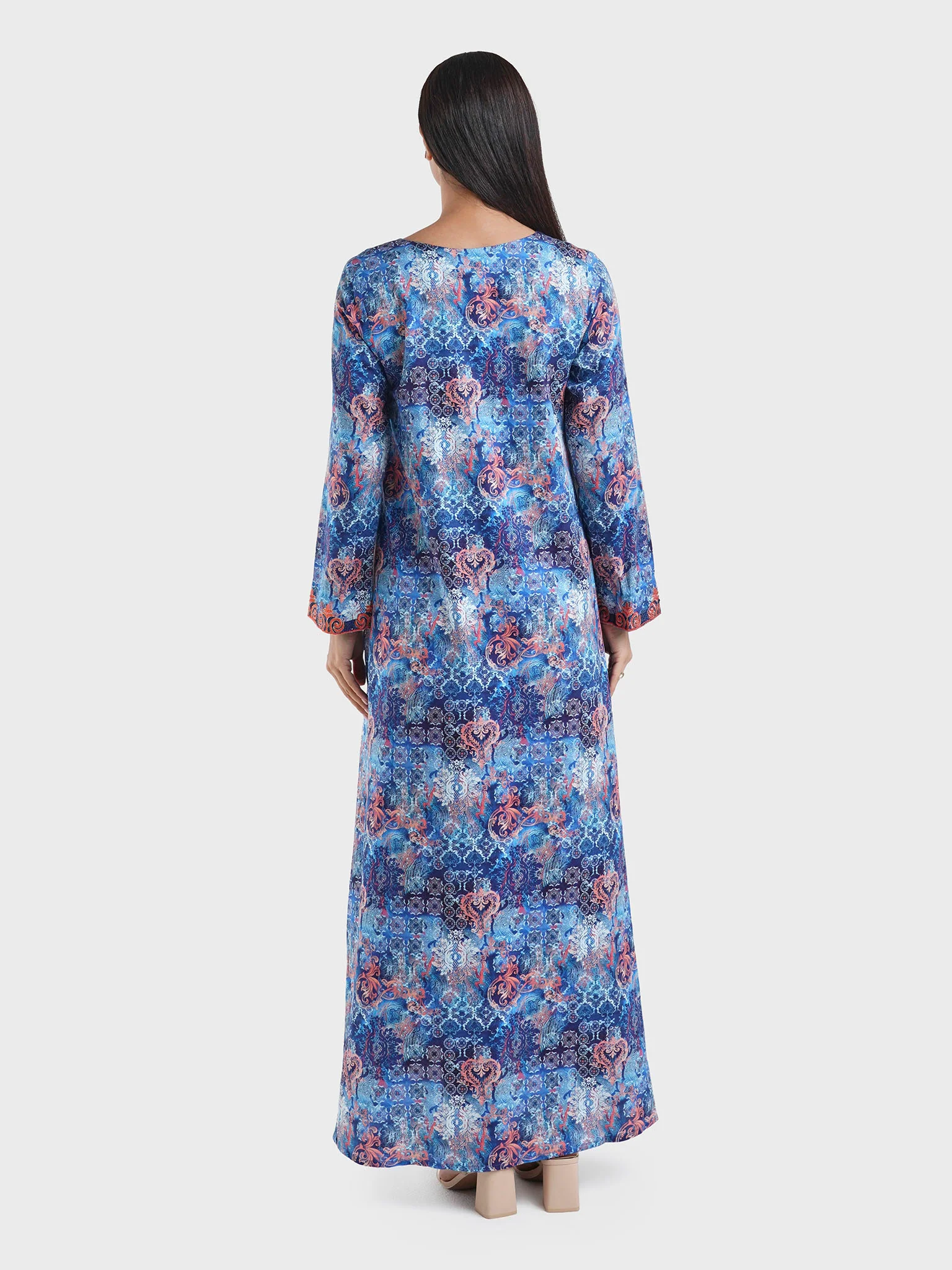 Cotton Satin Navy Blue Floral Print Jalabiya (VW228) - Image 4