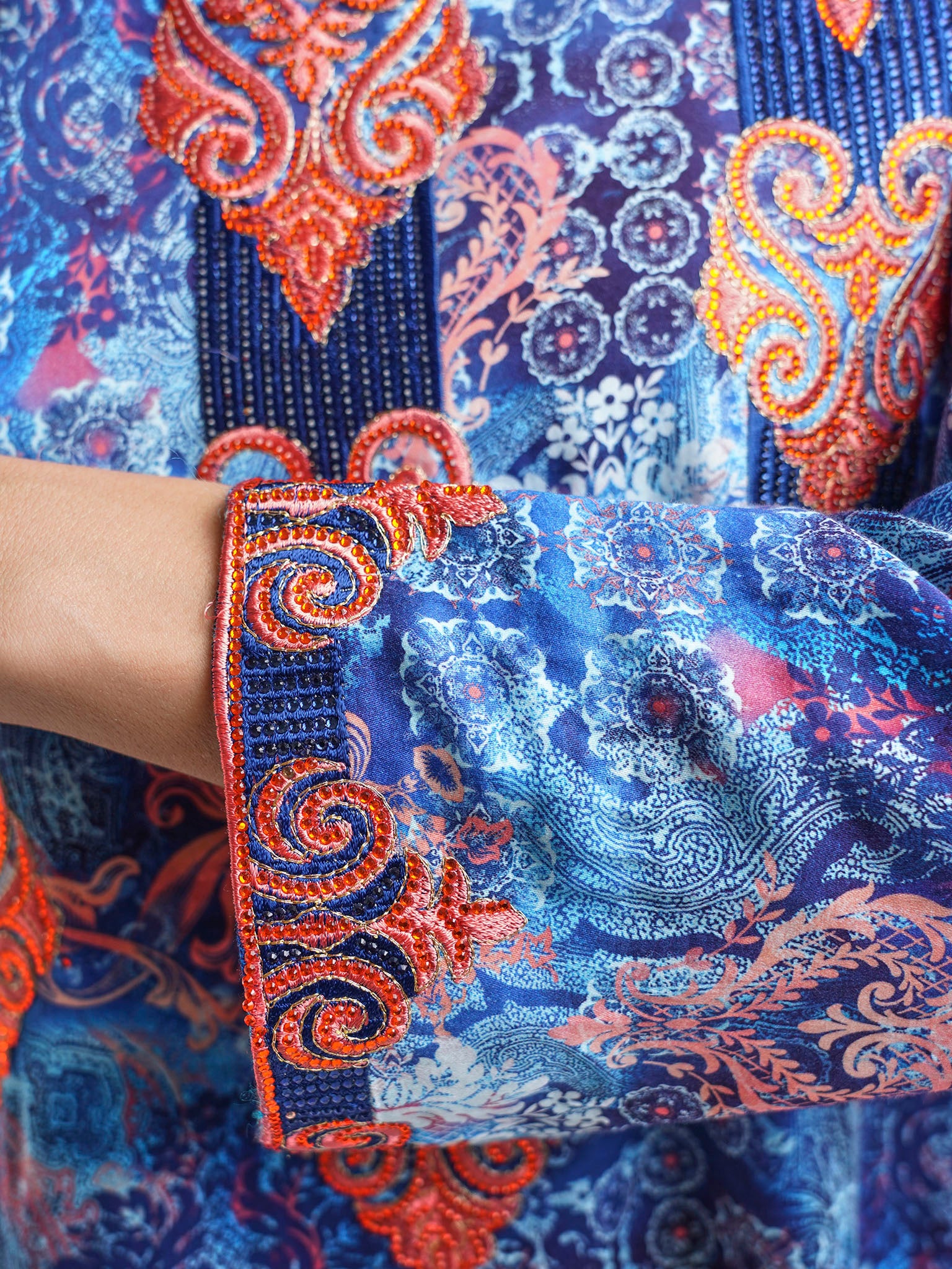 Cotton Satin Navy Blue Floral Print Jalabiya (VW228) - Image 5