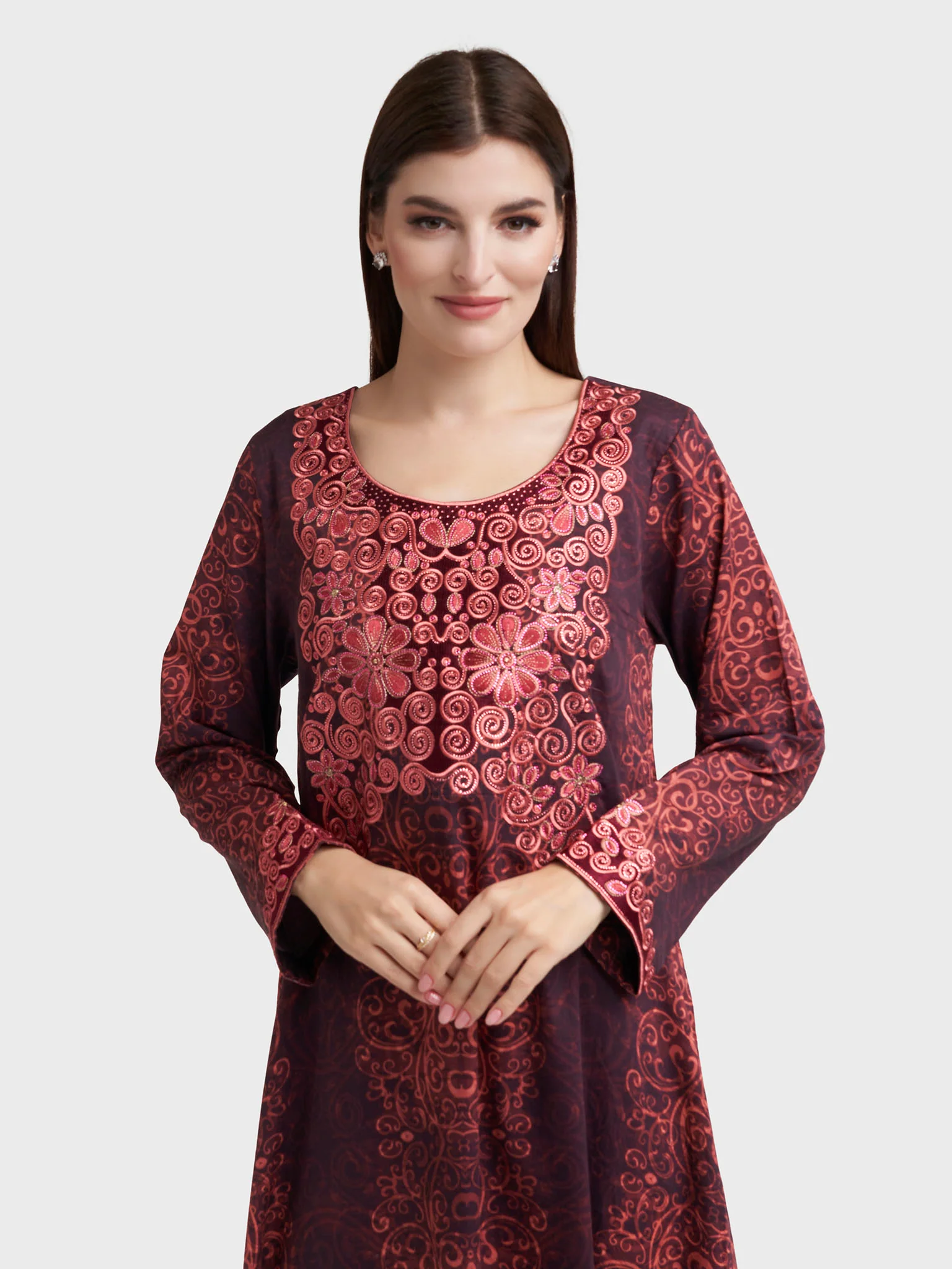 Maroon Cotton Satin Abstract Print Jalabiya (VW272)
