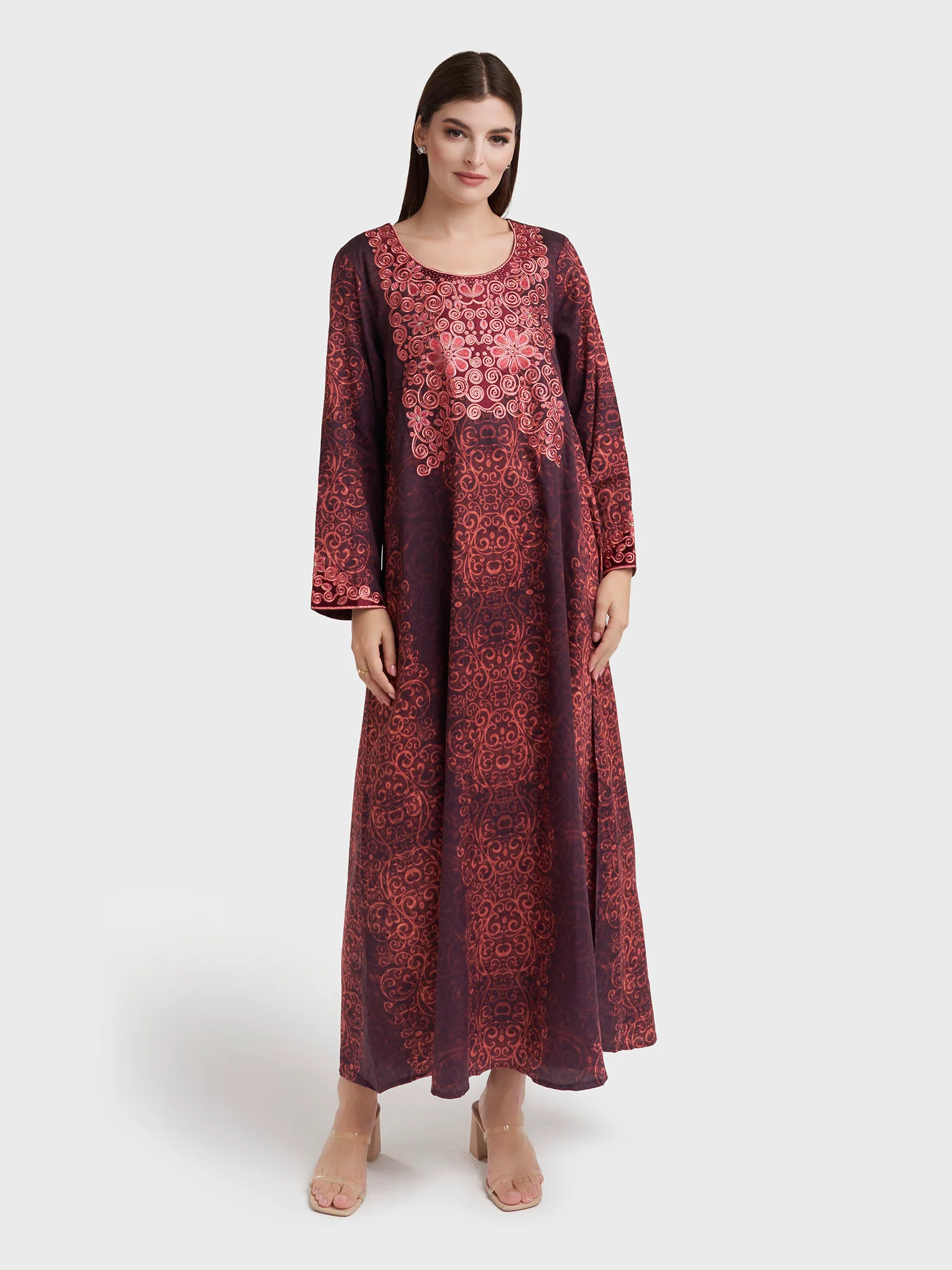 Maroon Cotton Satin Abstract Print Jalabiya (VW272) - Image 2