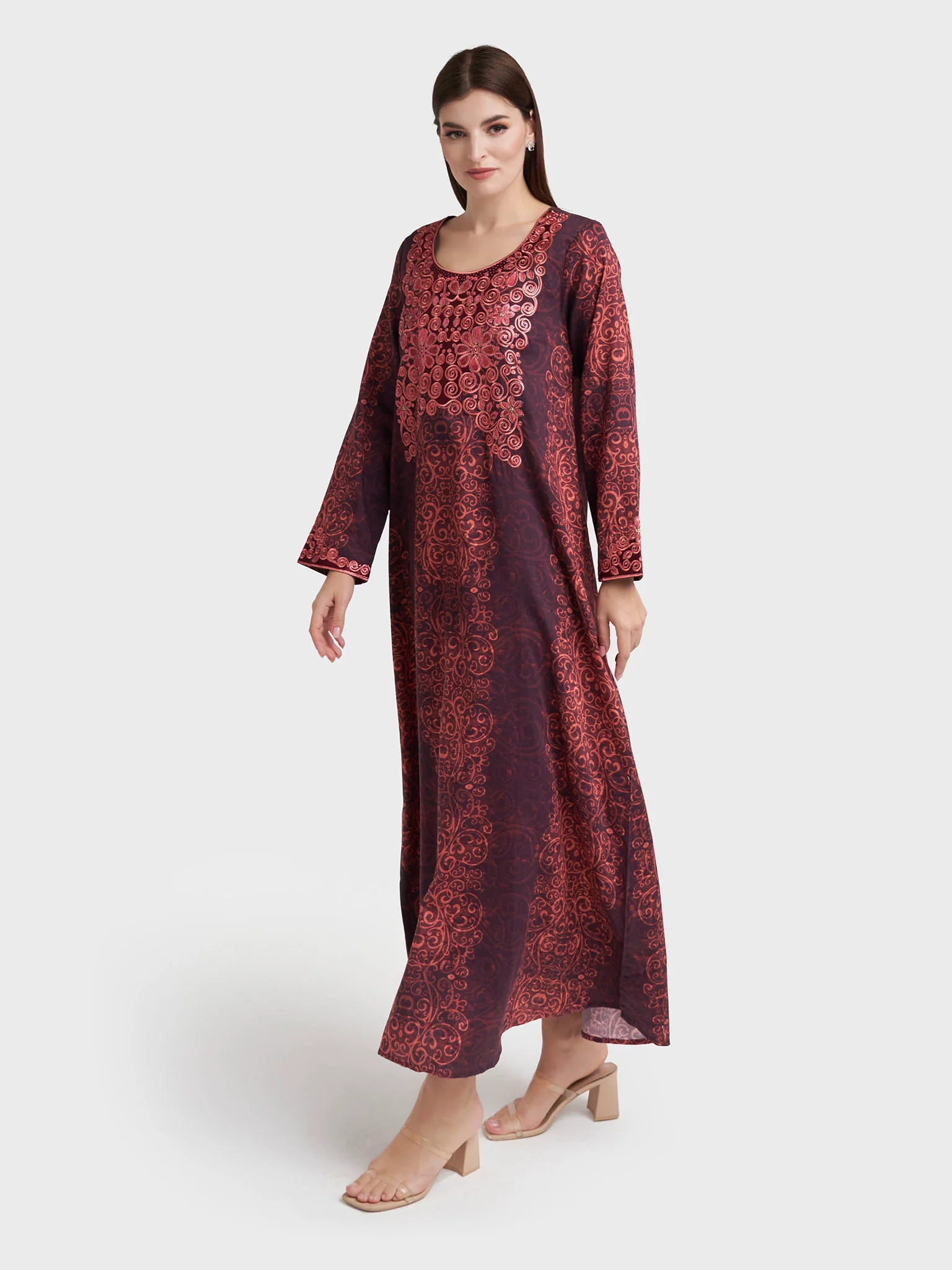 Maroon Cotton Satin Abstract Print Jalabiya (VW272) - Image 3