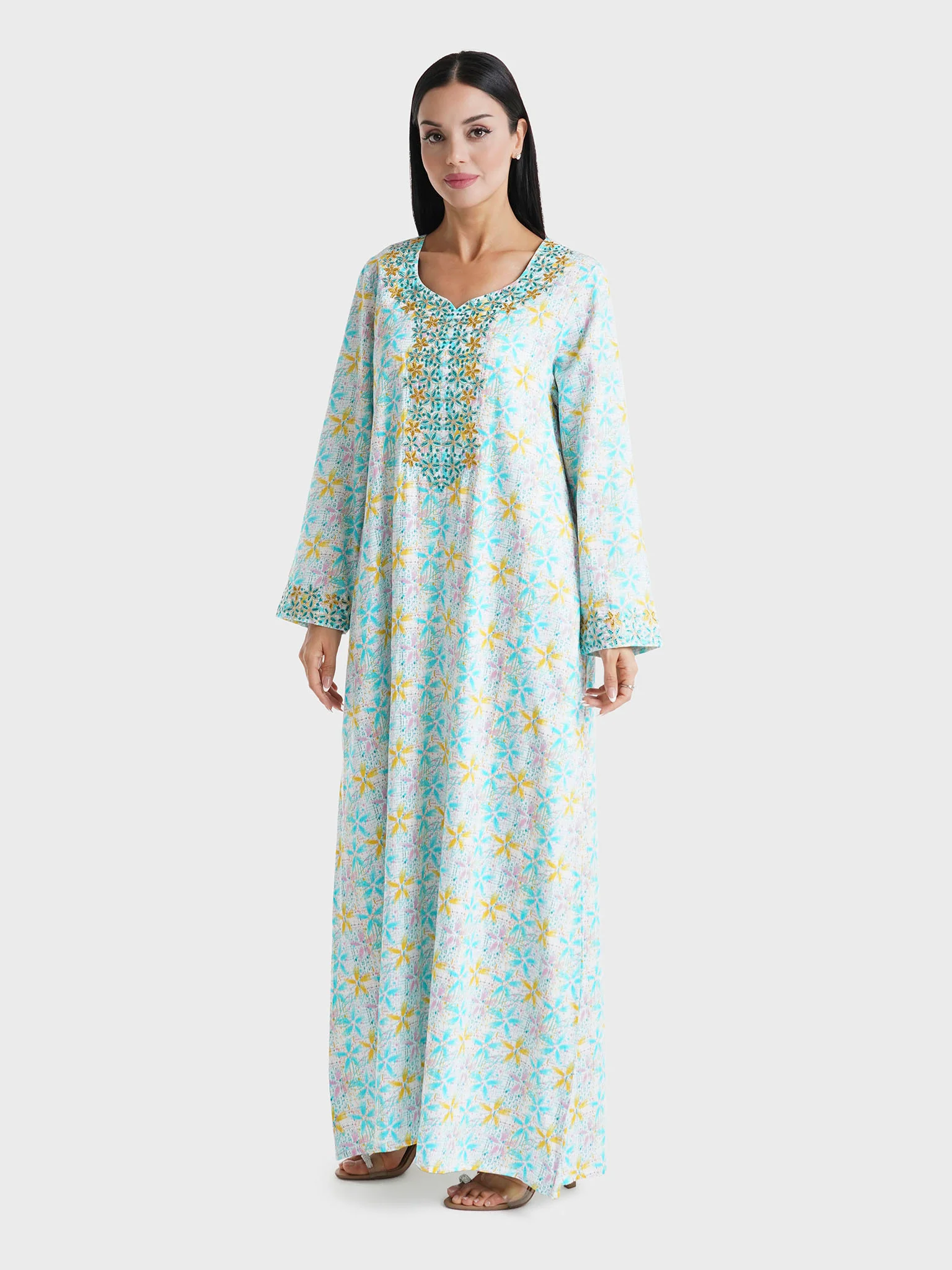 Aqua Blue Floral Printed Cotton Satin Home Wear Jalabiya (VW340) - Image 3