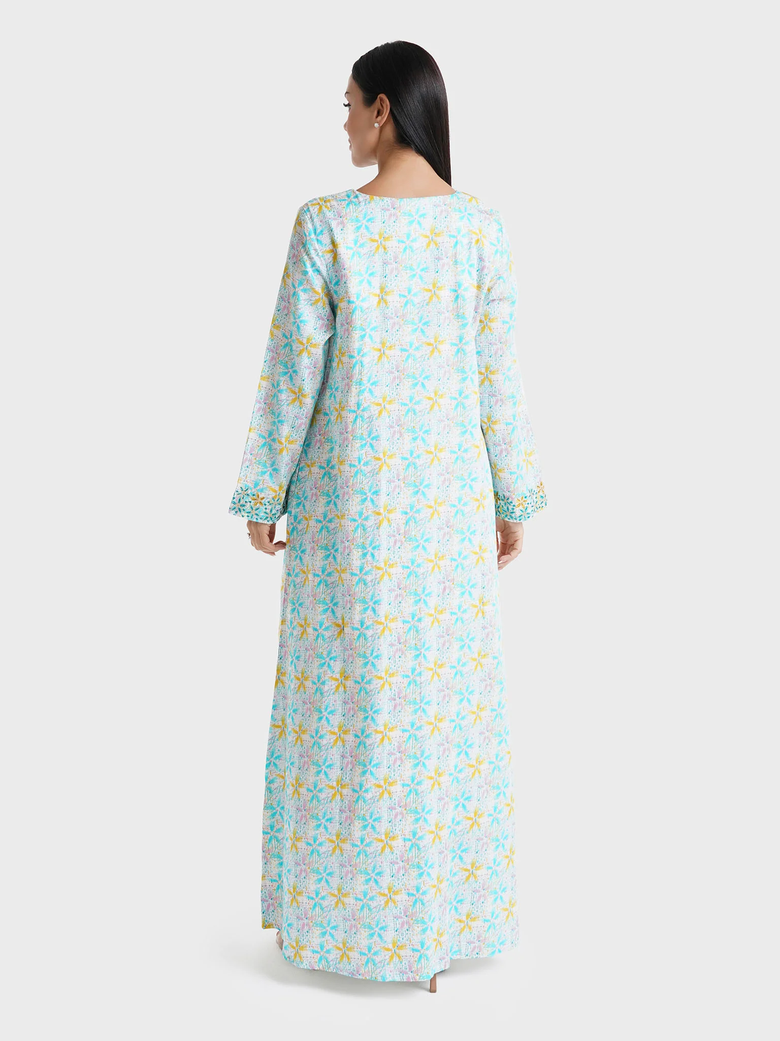 Aqua Blue Floral Printed Cotton Satin Home Wear Jalabiya (VW340) - Image 4