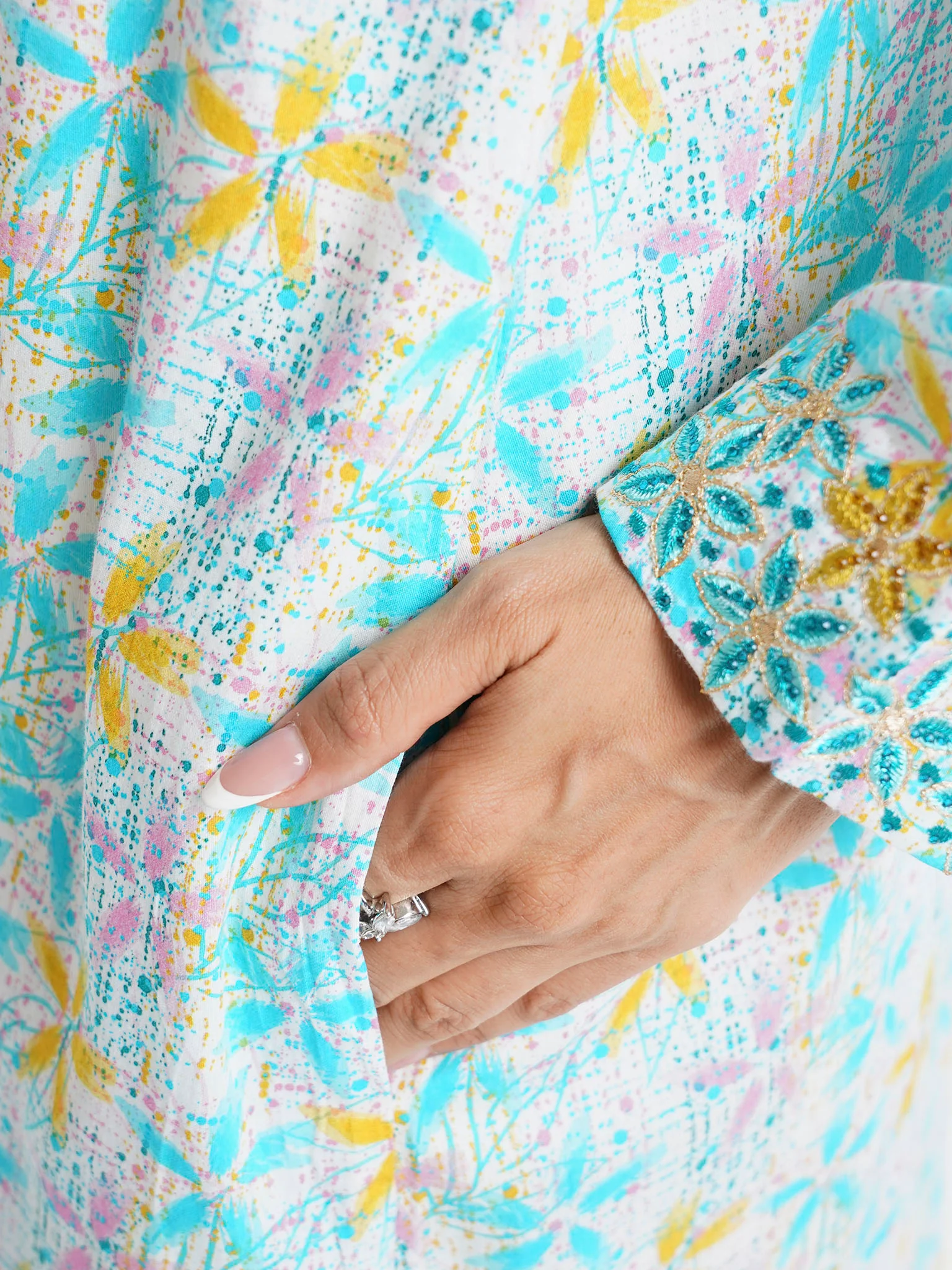 Aqua Blue Floral Printed Cotton Satin Home Wear Jalabiya (VW340) - Image 5