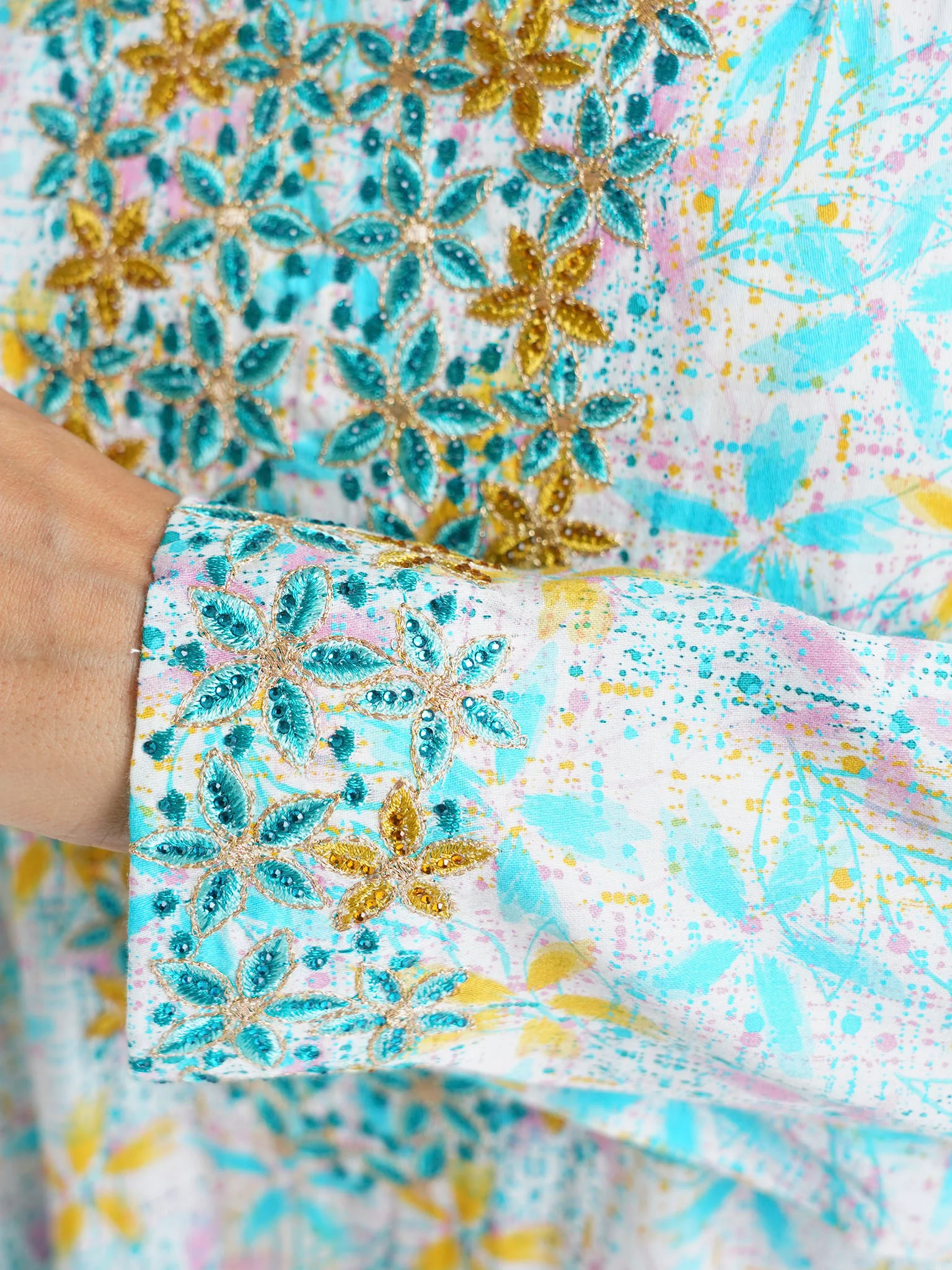 Aqua Blue Floral Printed Cotton Satin Home Wear Jalabiya (VW340) - Image 6