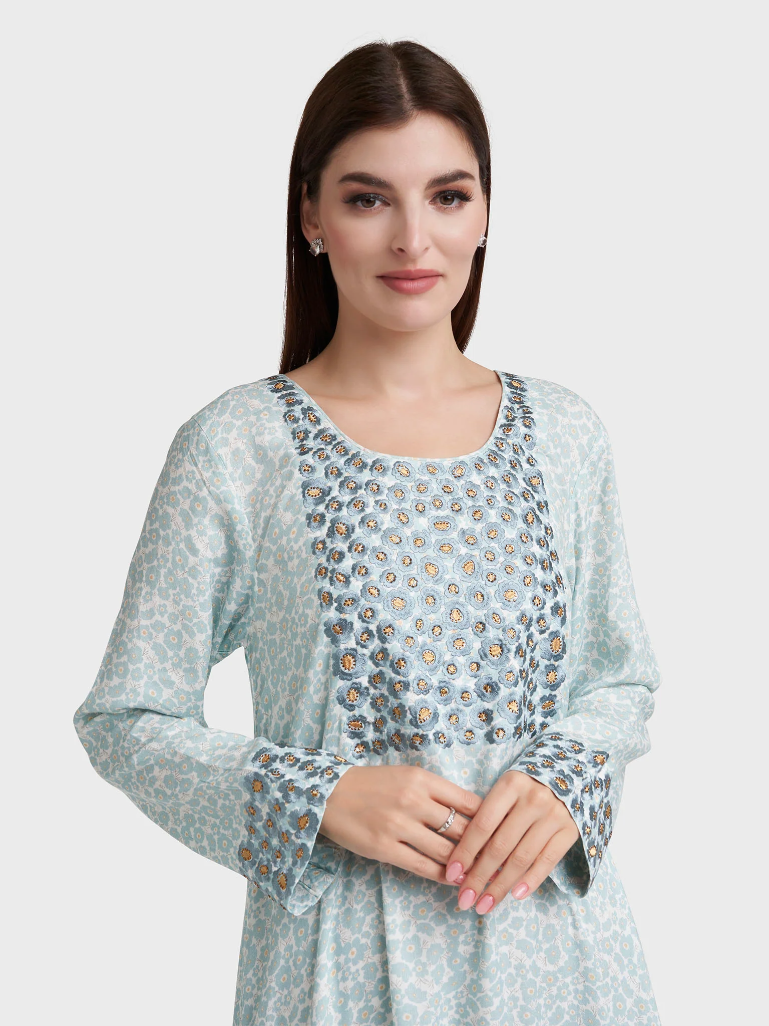 Powder Blue Rayon Floral Print Jalabiya (VW349)