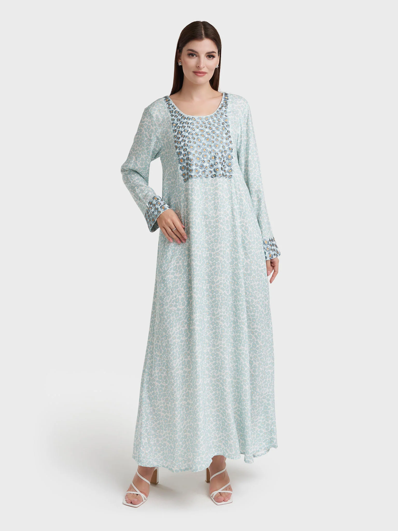Powder Blue Rayon Floral Print Jalabiya (VW349) - Image 2