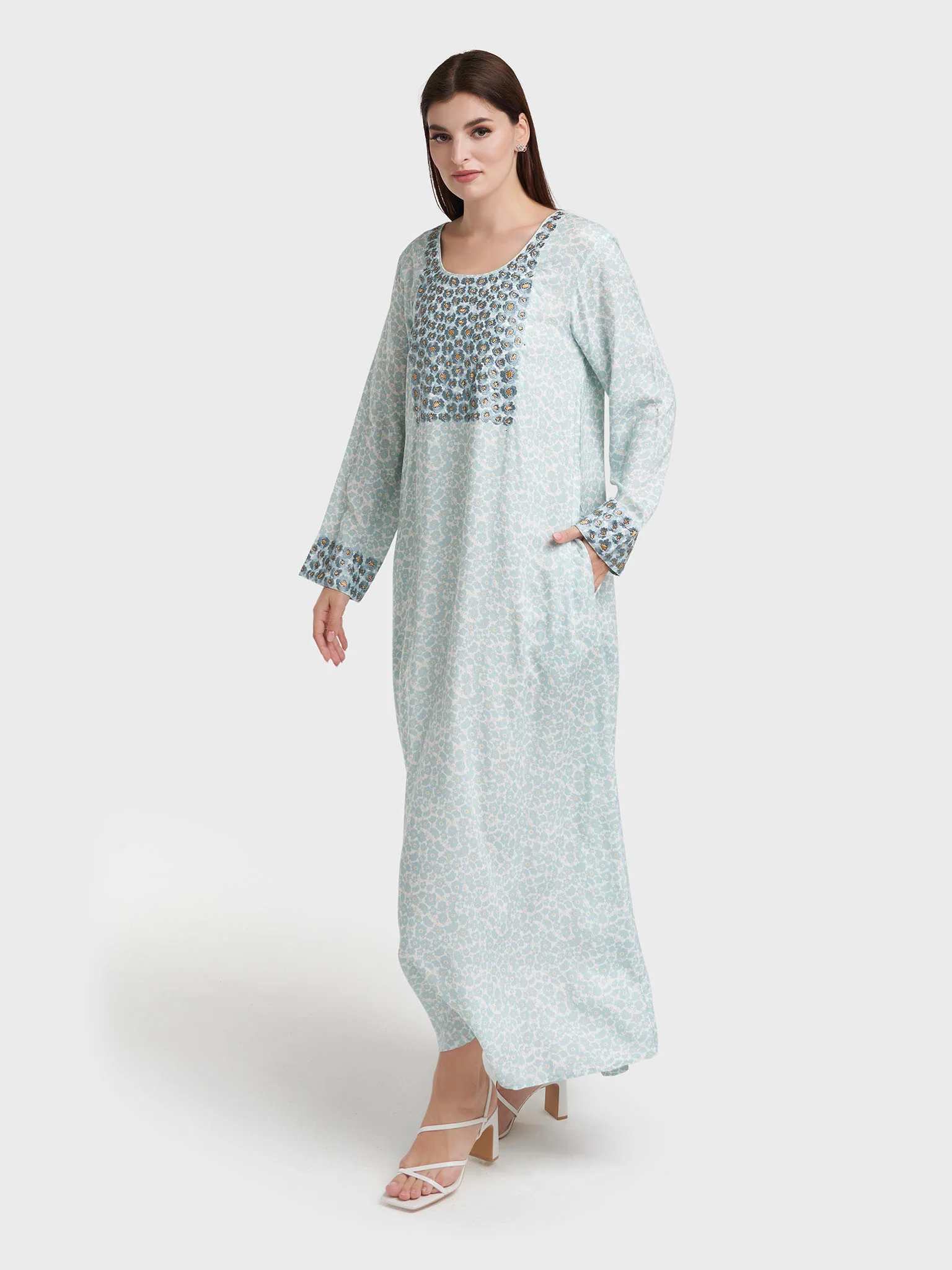 Powder Blue Rayon Floral Print Jalabiya (VW349) - Image 3