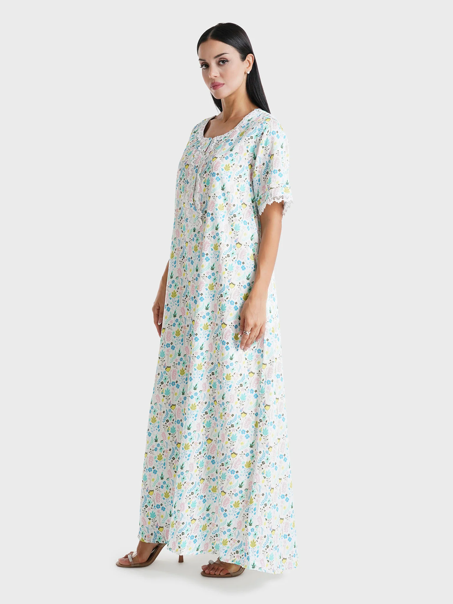 Multi Floral Printed Cotton Satin Lace Work Jalabiya (VW368) - Image 3