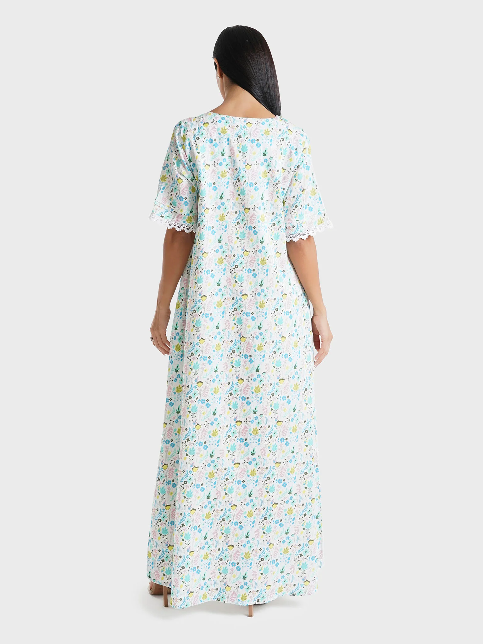 Multi Floral Printed Cotton Satin Lace Work Jalabiya (VW368) - Image 4