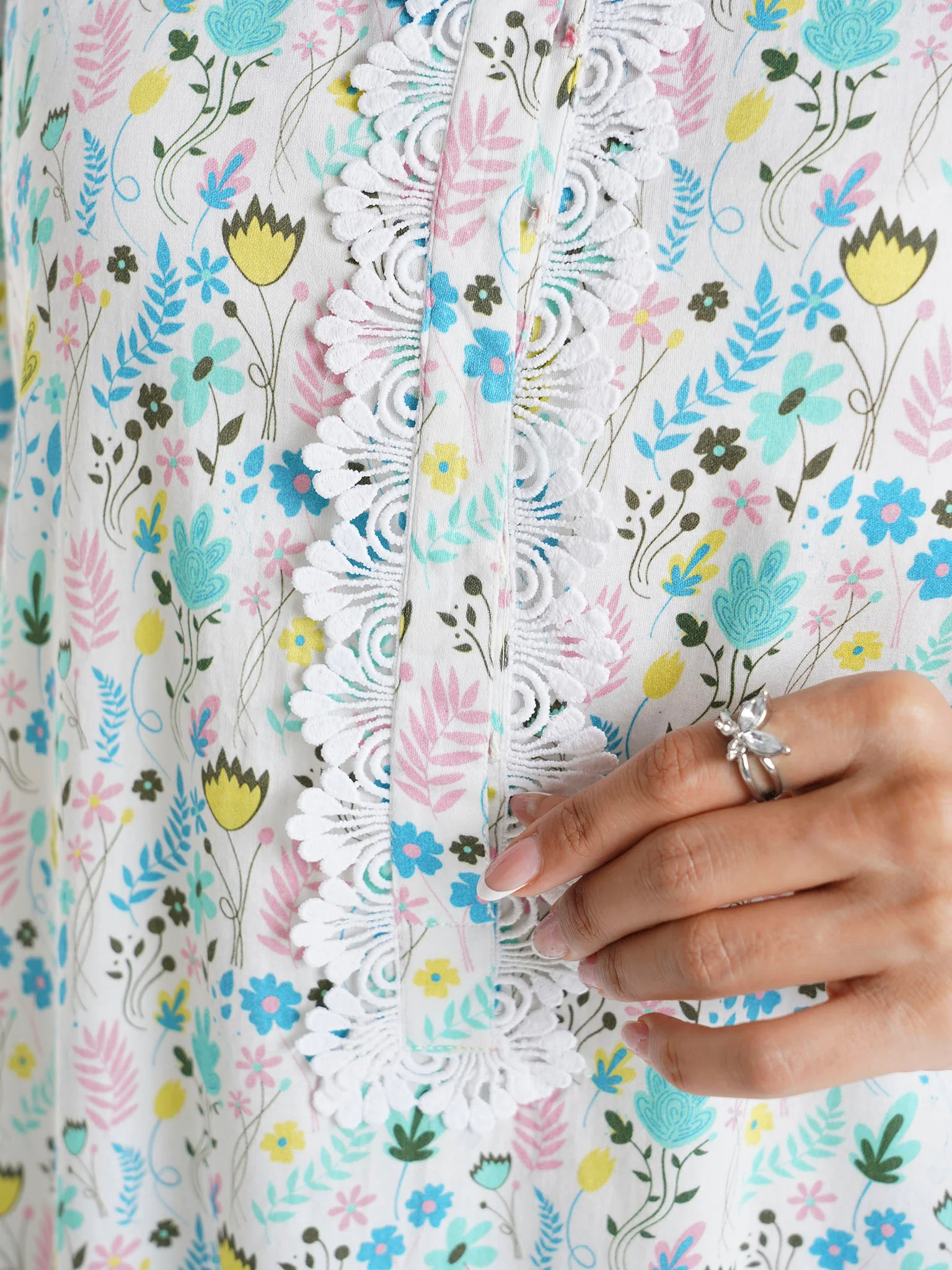 Multi Floral Printed Cotton Satin Lace Work Jalabiya (VW368) - Image 5