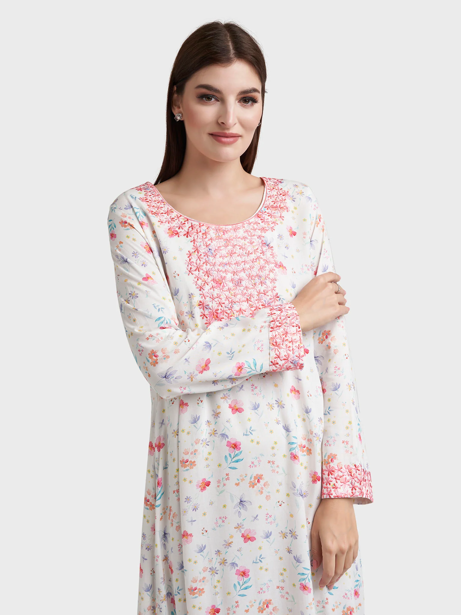 Off White Rayon Floral Print Embroidered Jalabiya (VW373)