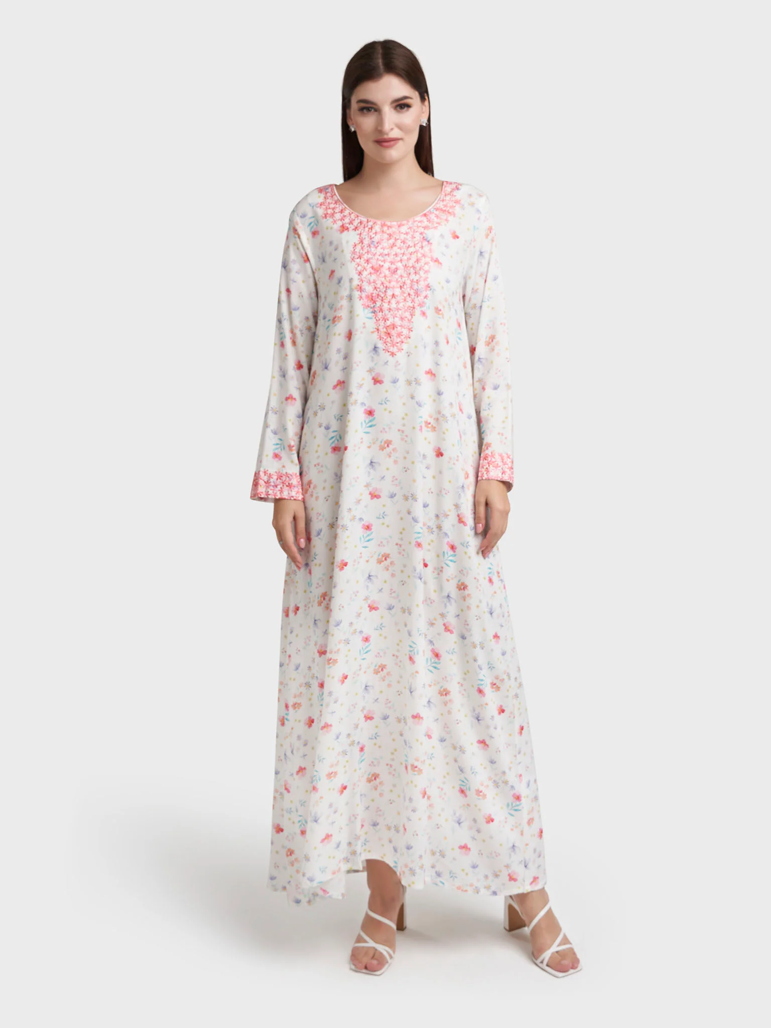Off White Rayon Floral Print Embroidered Jalabiya (VW373) - Image 2