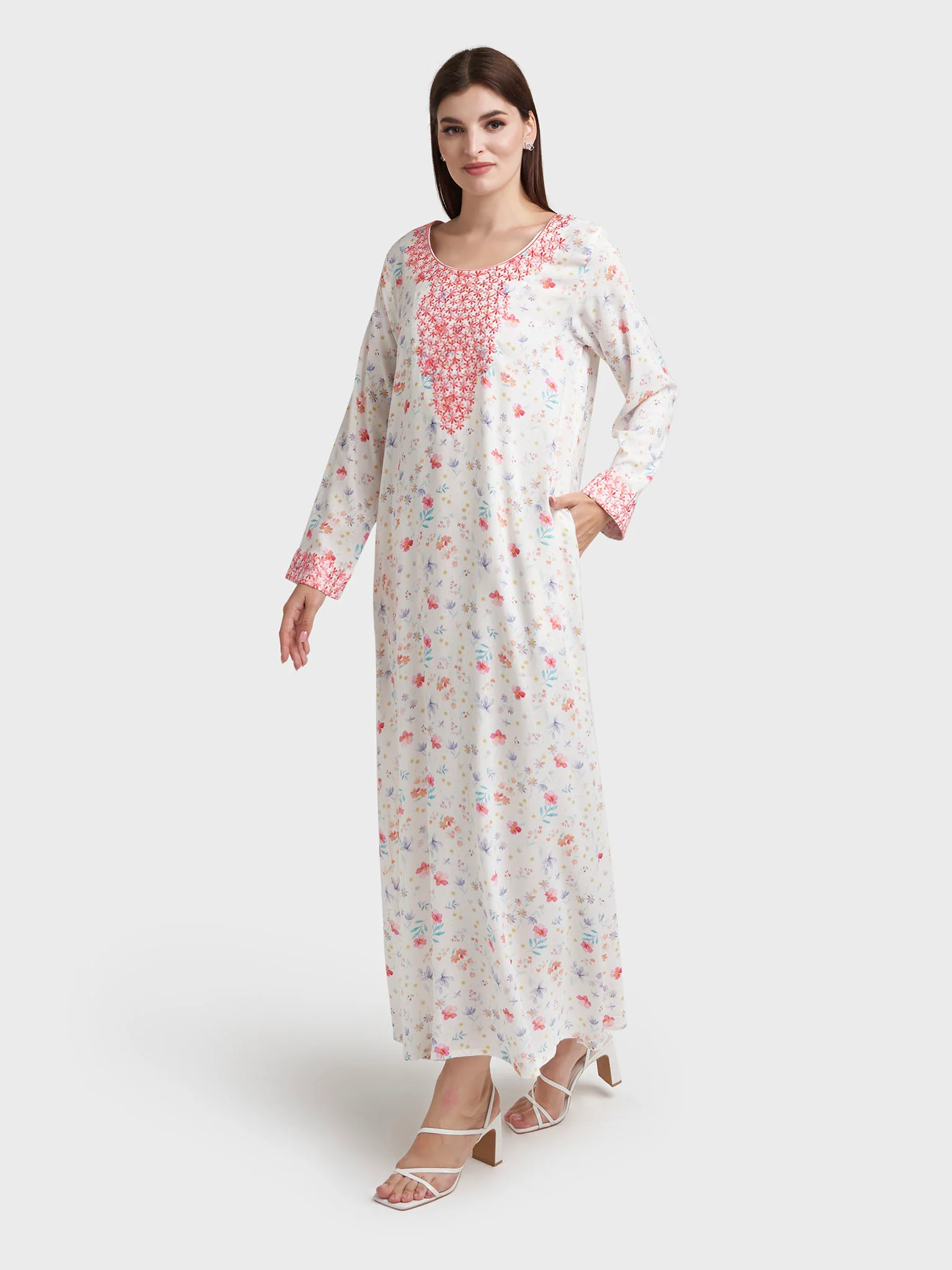 Off White Rayon Floral Print Embroidered Jalabiya (VW373) - Image 3