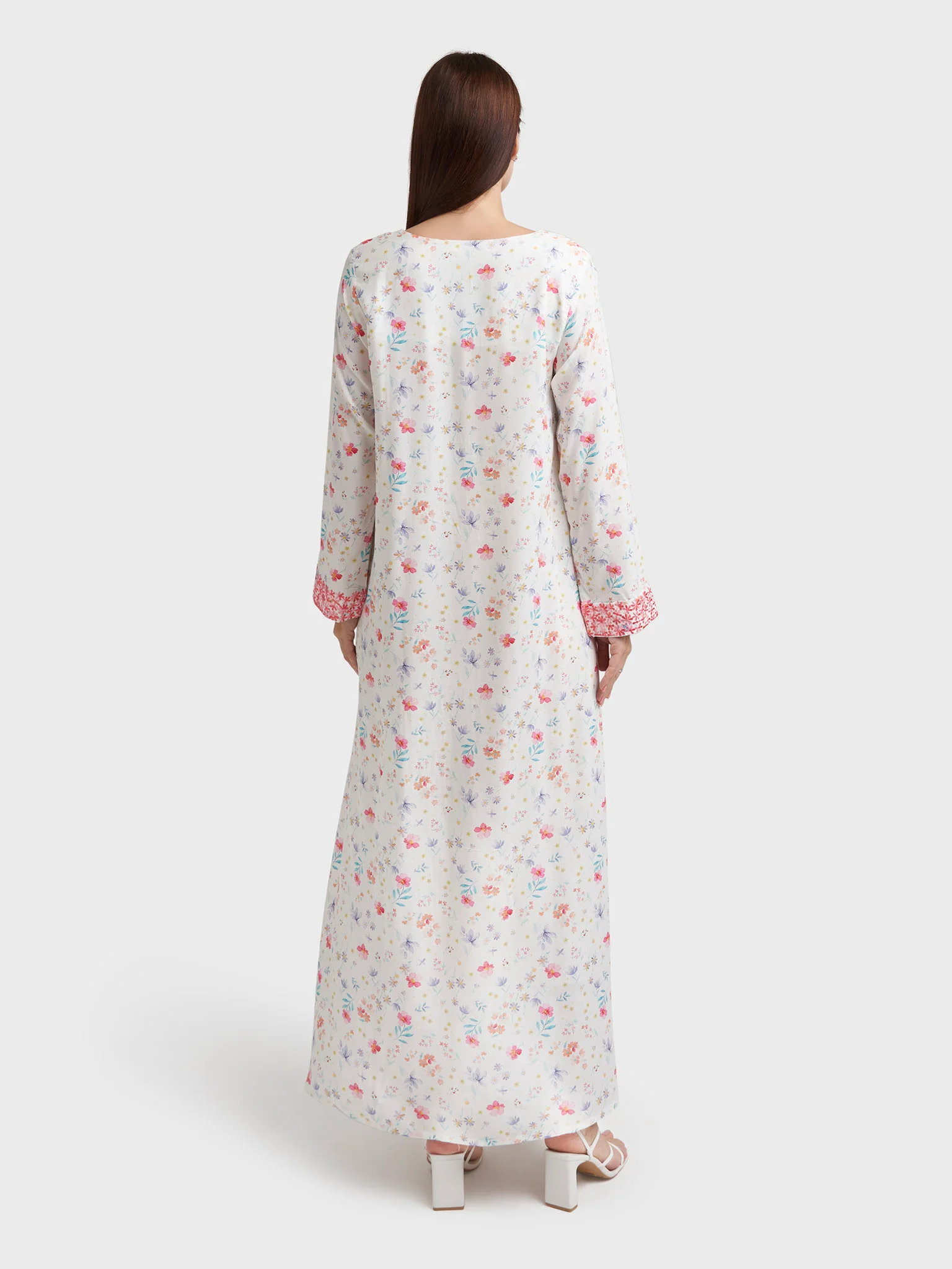 Off White Rayon Floral Print Embroidered Jalabiya (VW373) - Image 4