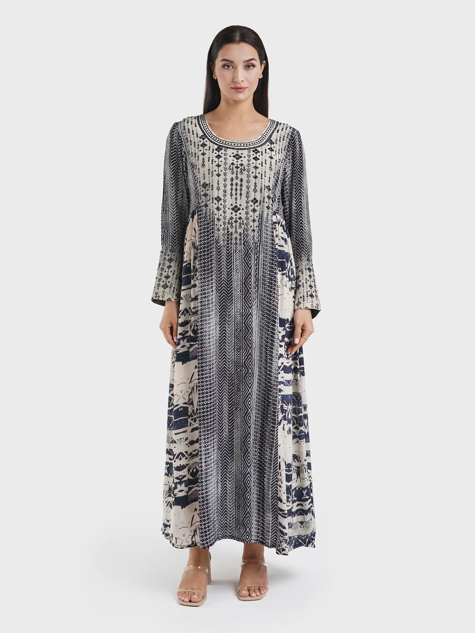 Black Geometric Print Viscose Jalabiya with Beadwork (VDE383) - Image 2