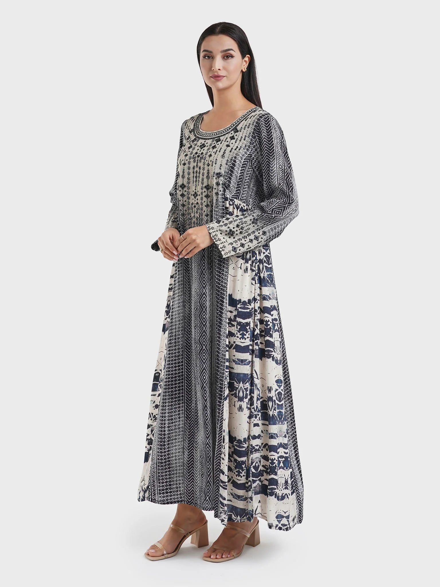 Black Geometric Print Viscose Jalabiya with Beadwork (VDE383) - Image 3