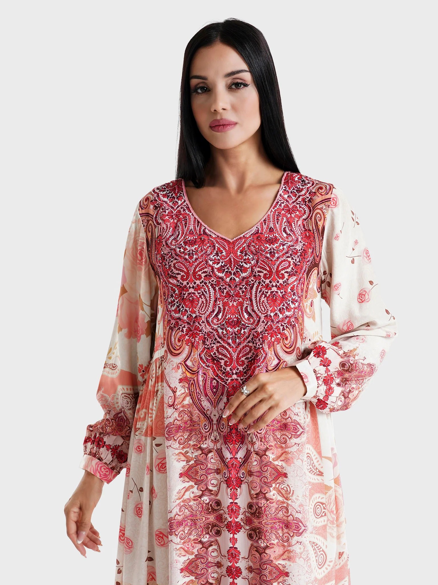 Rose Pink Paisley Printed Viscose Crepe Kuwaiti Jalabiya (VDU854)